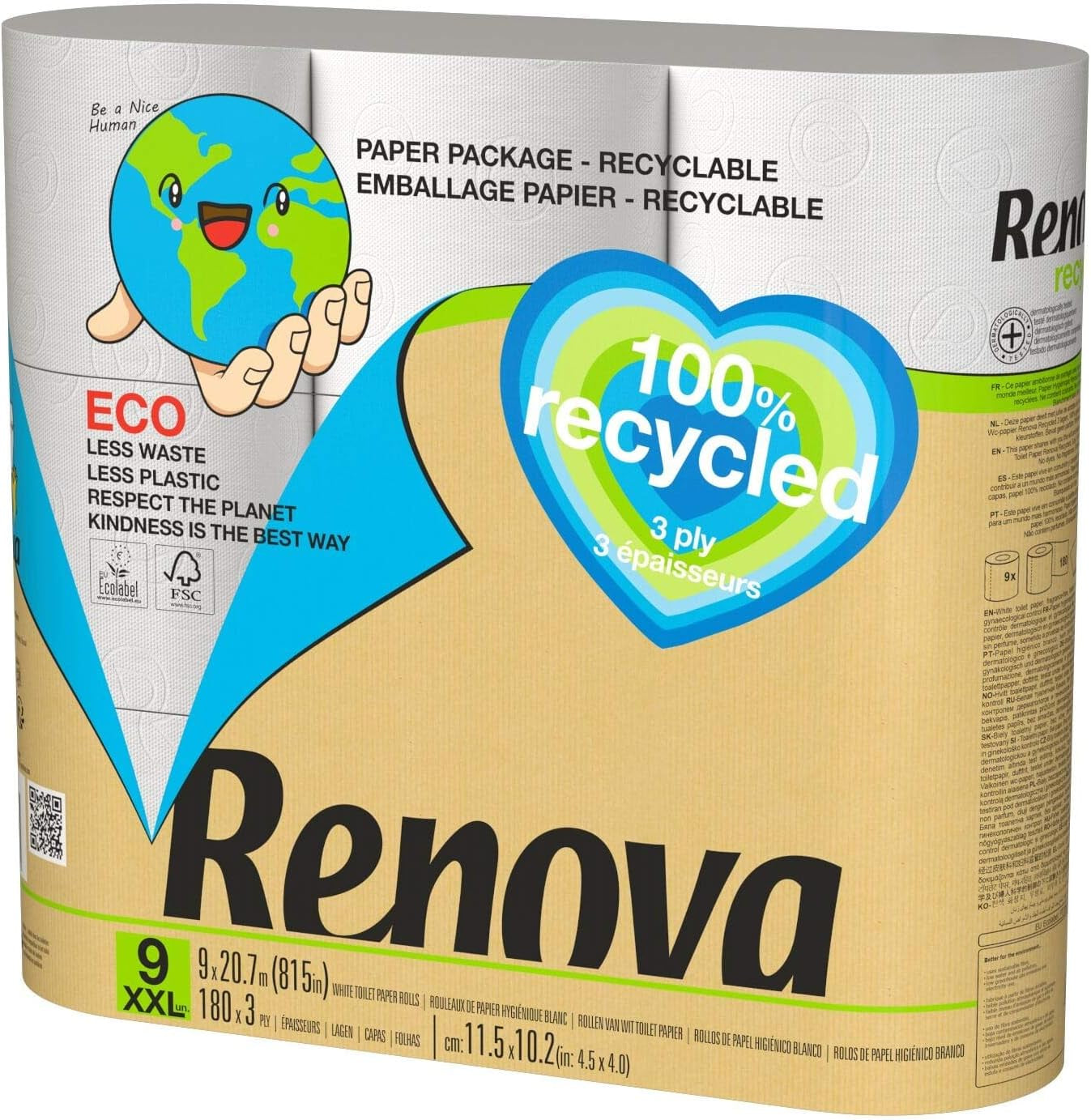 Carta igienica Renova 100% RICICLATA 9 rotoli, bianca, normale