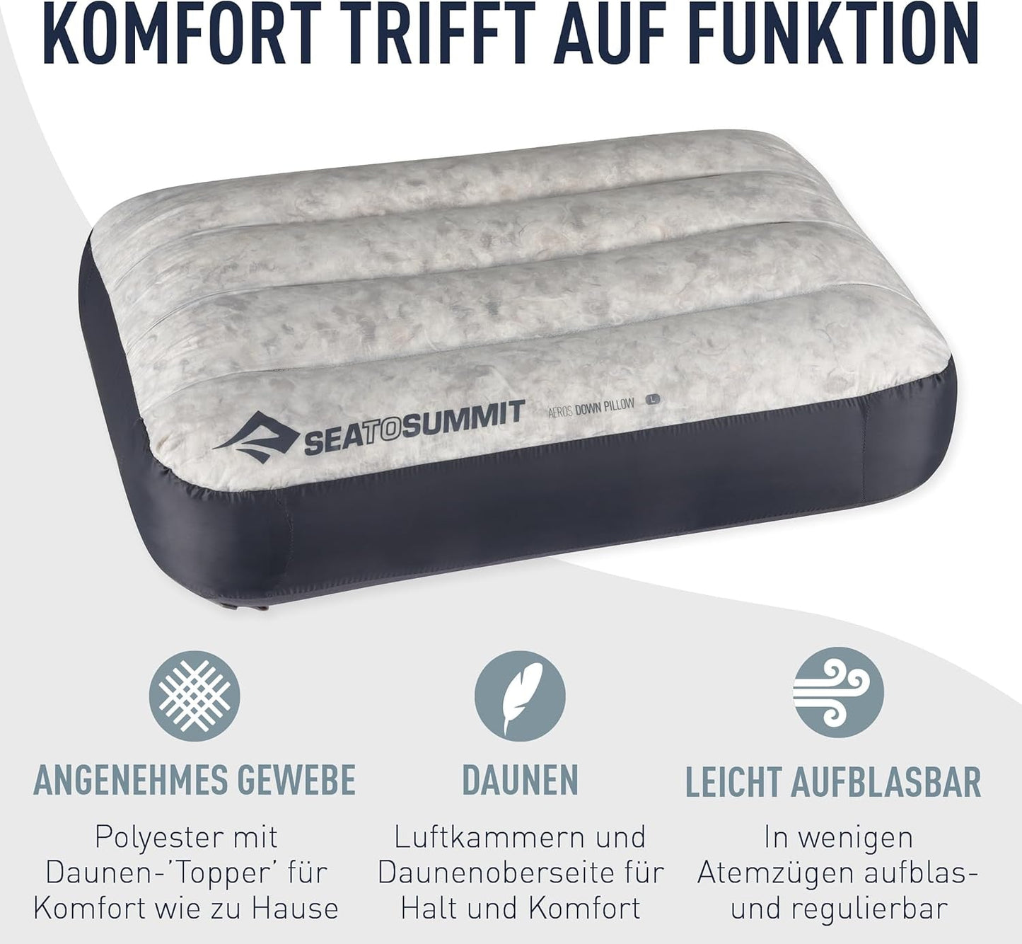 Sea to Summit - Cuscino da viaggio Eros Down L - Ultraleggero e gonfiabile - Materiale 10D - Cuscino in piuma Premium - Antiscivolo - Per escursionismo e campeggio - 42 X 28 X 12 cm - Grigio - 95 G Naty Shop Cuscini da viaggio