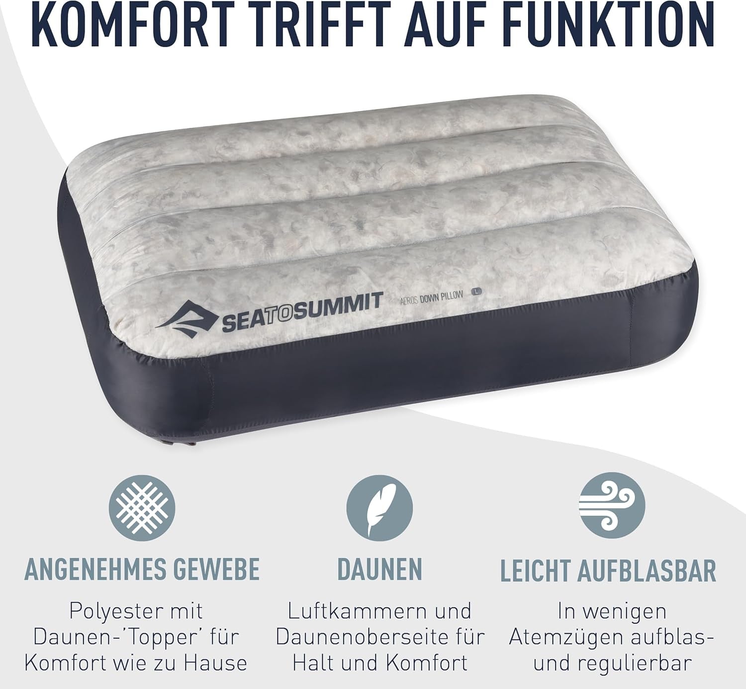 Sea to Summit - Cuscino da viaggio Eros Down L - Ultraleggero e gonfiabile - Materiale 10D - Cuscino in piuma Premium - Antiscivolo - Per escursionismo e campeggio - 42 X 28 X 12 cm - Grigio - 95 G Naty Shop Cuscini da viaggio