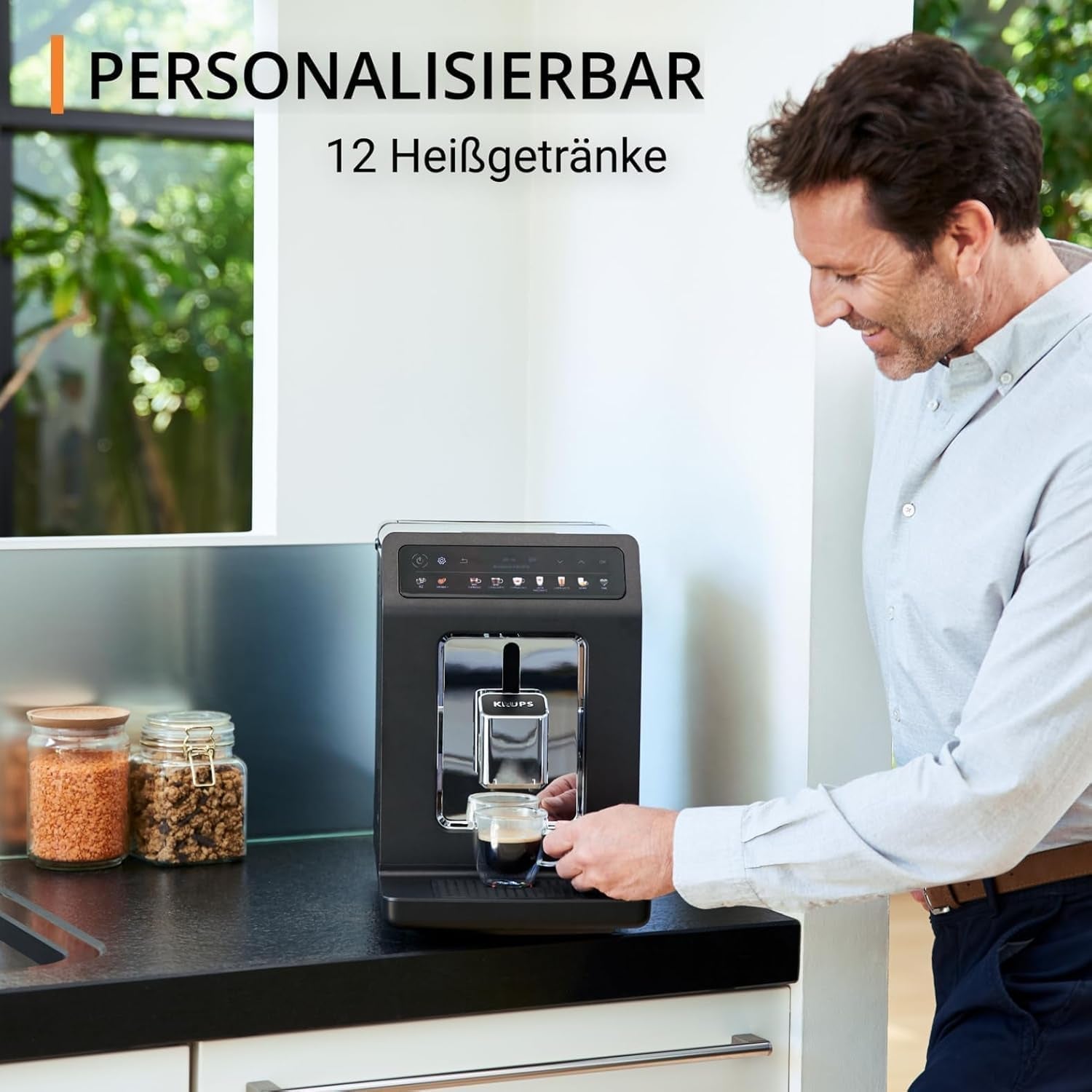 KRUPS Evidence One macchina per caffè espresso automatica con tubo per il latte, cappuccino one-touch, 12 bevande speciali, funzione 2 tazze, display a colori, macchina per caffè espresso, certificato TÜV, nero, EA895N10