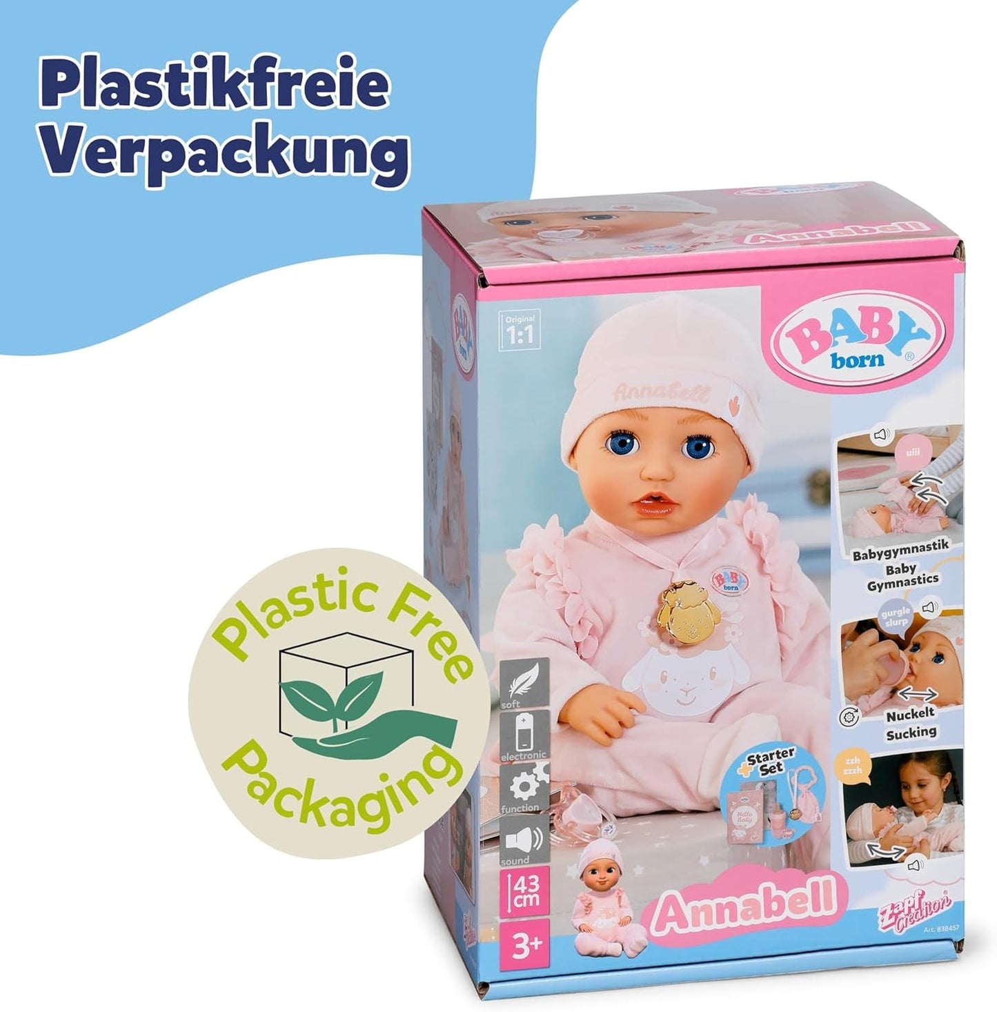 BABY Born Annabell 43 cm - Bambola morbida con 7 funzioni elettroniche e suoni - Adatta a bambini dai 3 anni in su - La bambola include accessori - Richiede batterie