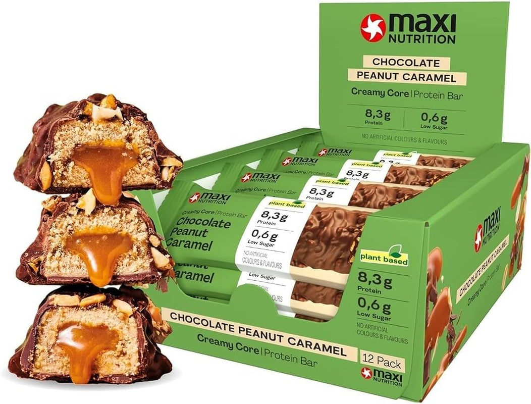 MaxiNutrition Barretta proteica vegana cremosa con cioccolato, arachidi e caramello 12x45g - barretta proteica vegana, 18% di proteine, 8,3 g per barretta, basso contenuto di zucchero (0,9 g), senza zuccheri aggiunti, senza aromi artificiali