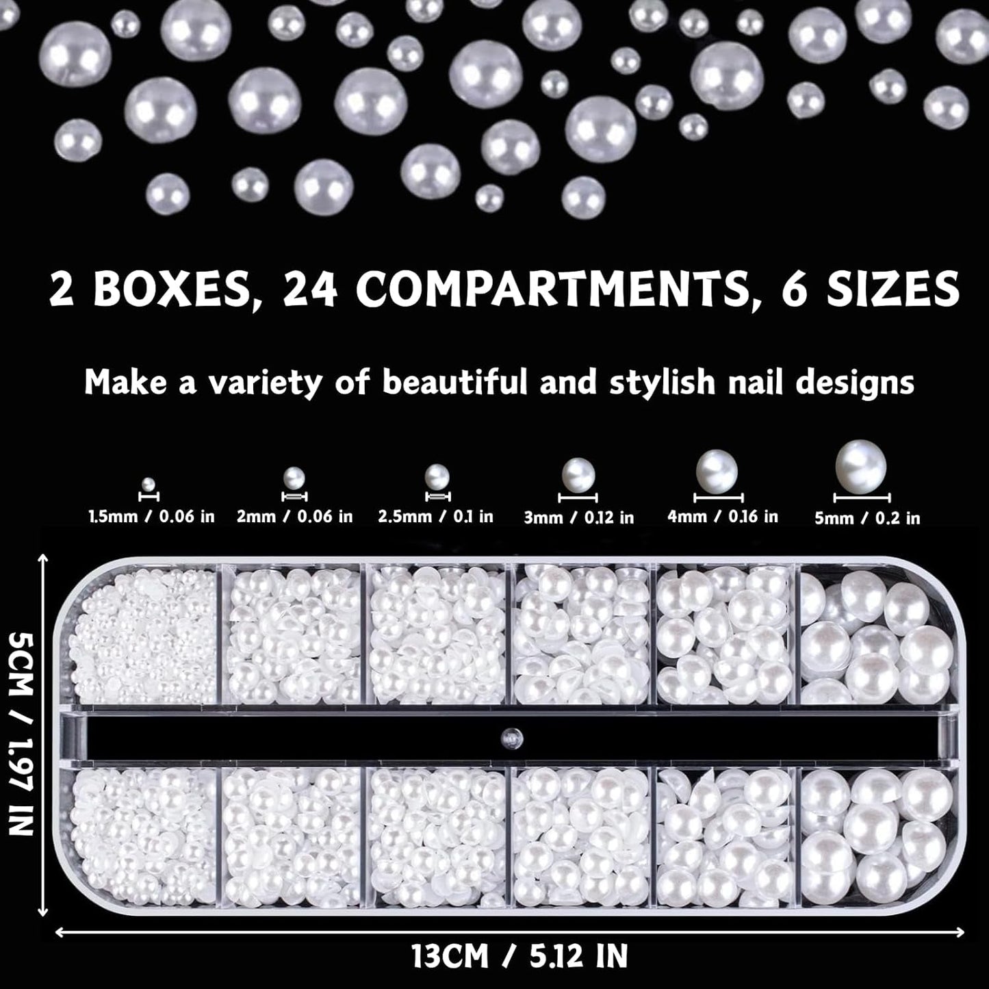 12 Größen Nail Art Perlen, Flache Perlen, Nail Art Accessori, Halbkreis Nagelperlen, Weiße Nail Charms Und Glitzersteine ​​​​Nägel Für Nail Art Design, DIY Basteln, Alltag, Hochzeit (2 Boxes)