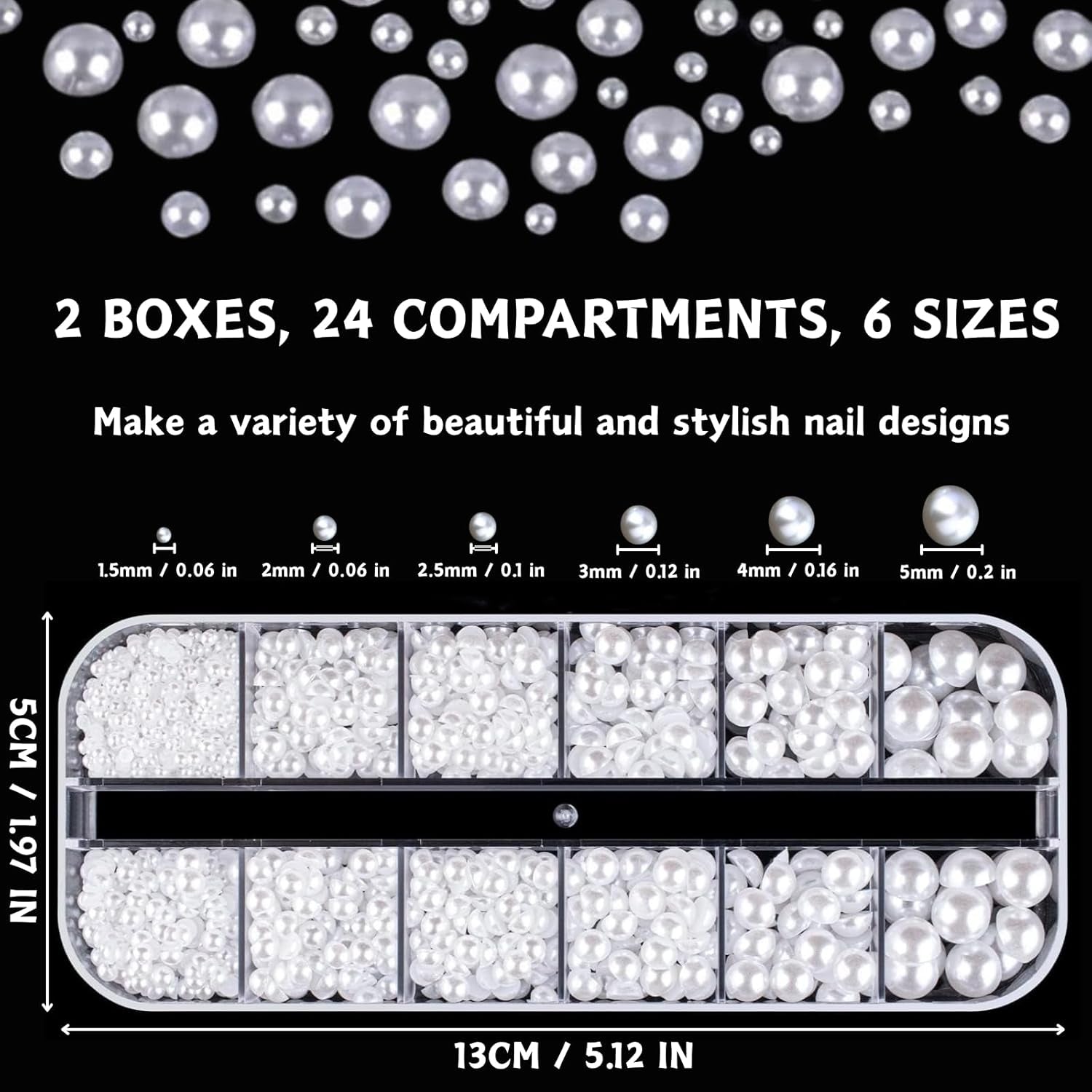 12 Größen Nail Art Perlen, Flache Perlen, Nail Art Accessori, Halbkreis Nagelperlen, Weiße Nail Charms Und Glitzersteine ​​​​Nägel Für Nail Art Design, DIY Basteln, Alltag, Hochzeit (2 Boxes)