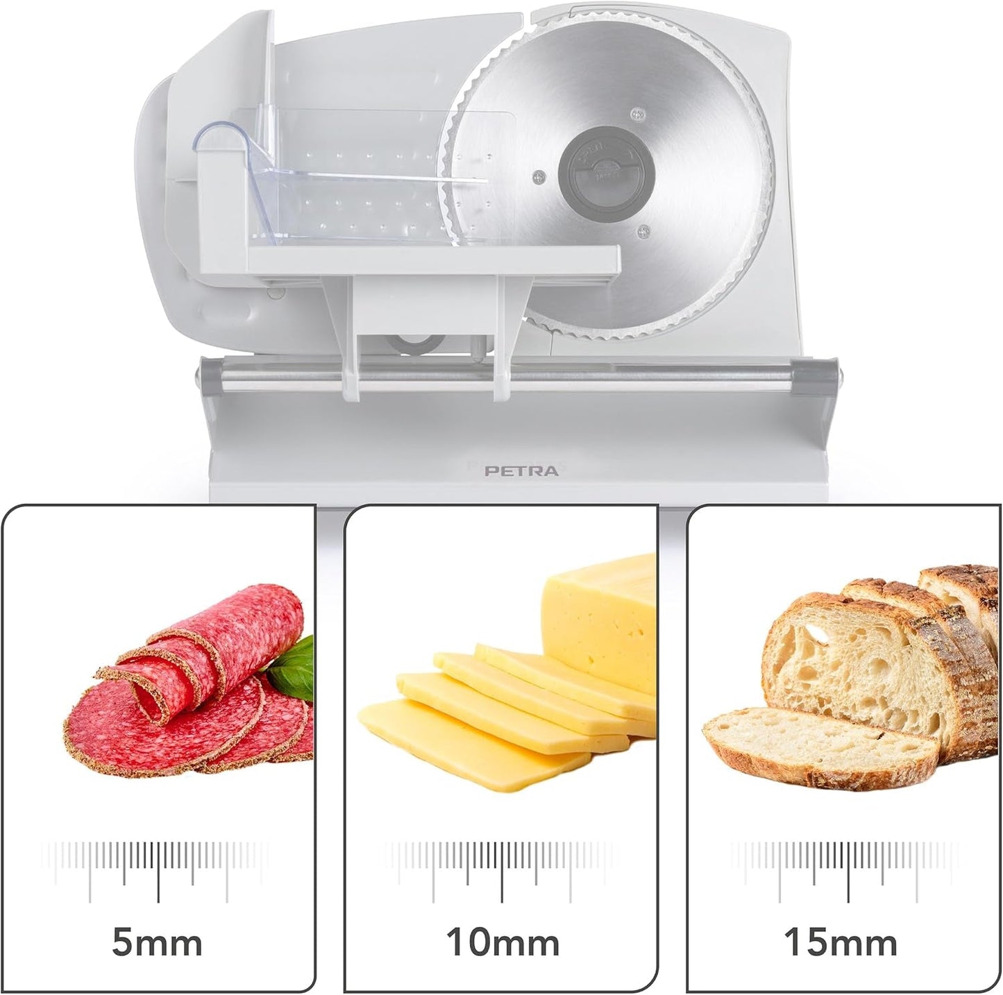 Petra PT4636VDE Affettatrice elettrica multifunzione, spessore di taglio 1-15Mm, 3 lame lisce in acciaio inox Trituratori e Affettatrici Naty Shop