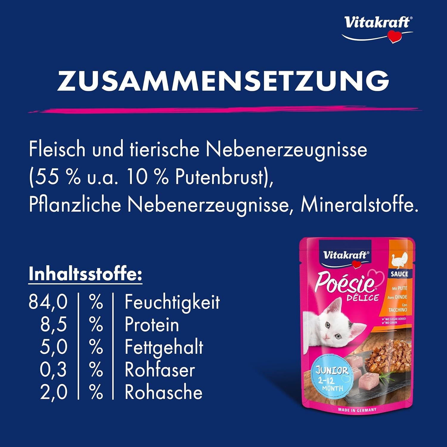 Vitakraft Poésie Délice, Junior, Cibo umido per gatti, Cibo umido in salsa, con tacchino, Confezione multipla, per gatti giovani, Senza zuccheri o cereali aggiunti (23 x 85g)