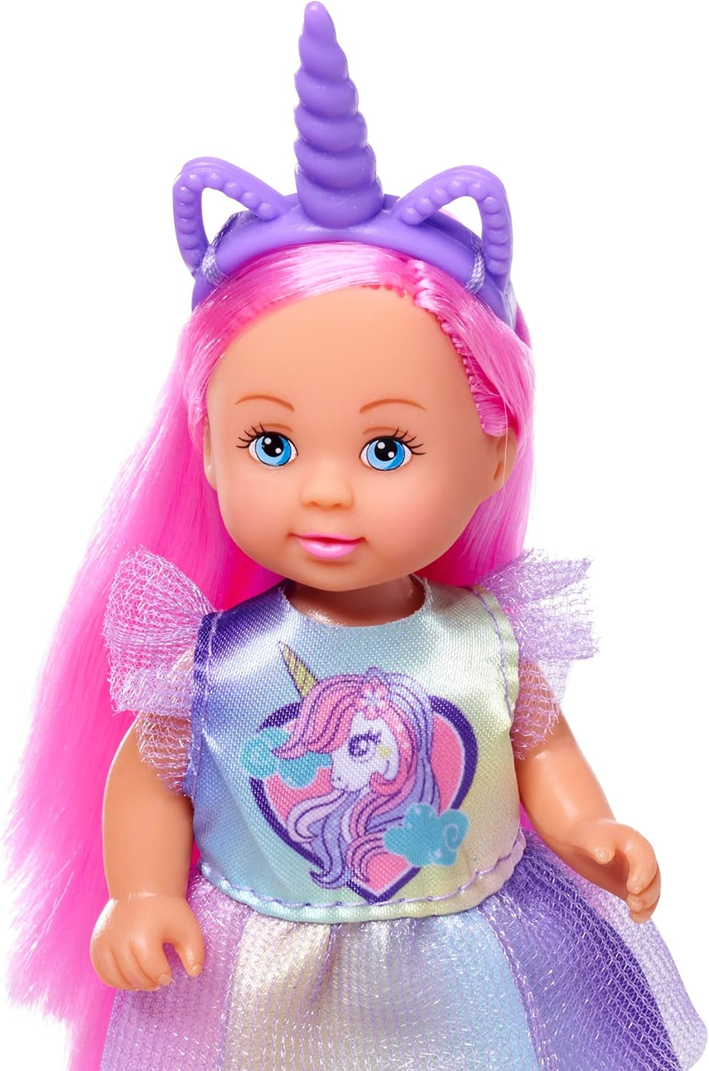 Simba Evi Love Unicorn Play Doll che indossa un grazioso vestito da unicorno con fascia abbinata, incluso un unicorno con stalla, mele e una bottiglia per bere, 12 cm, dai 3 anni in su