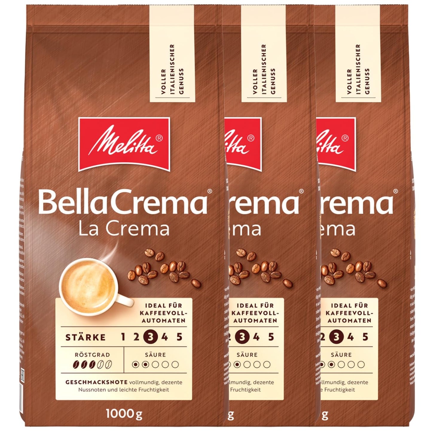 3 chicchi di caffè Melitta BellaCrema La Crema, tostatura media, da 1 kg ciascuno