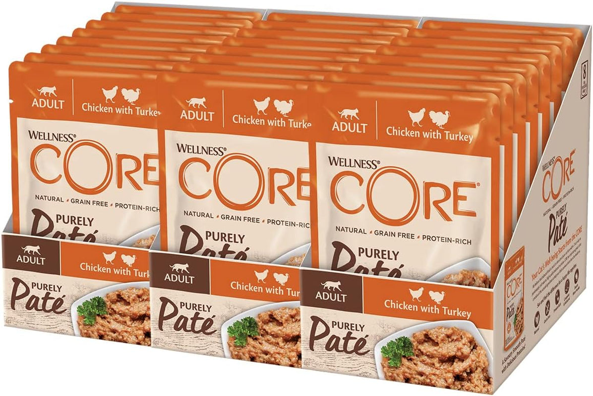 Wellness CORE Purely Paté 24 x 85g, Pollo e Tacchino - Alimento umido per gatti, patè fine, senza cereali, naturale, ipoallergenico, ricco di proteine, ricco di carne