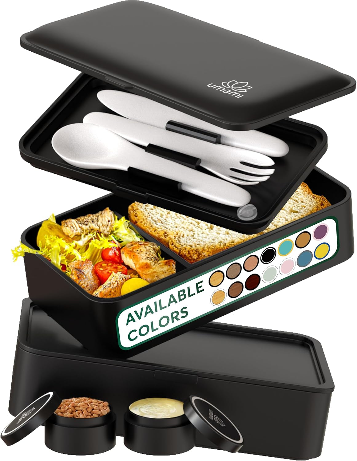 Portapranzo Umami per Adulti, Bento Box impilabile con 4 posate e scomparti, Portapranzo per adulti, Contenitore per insalata da asporto, Portapranzo da picnic/ufficio, Grigio antracite, 1500 ml Naty Shop Scatole per alimenti Nero opaco L - 1200 ml