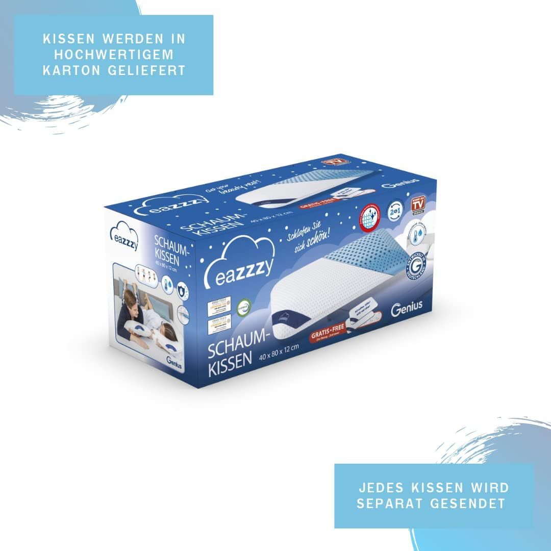 Cuscino in schiuma Genius Eazzzy 40X80 Cm altezza 10 Cm - Cuscino di sostegno per il collo con 2 gradi di durezza + schiuma gel rinfrescante - Cuscino per chi dorme sul fianco, sulla schiena e sullo stomaco contro il dolore al collo, poliestere Naty Shop cuscini standard