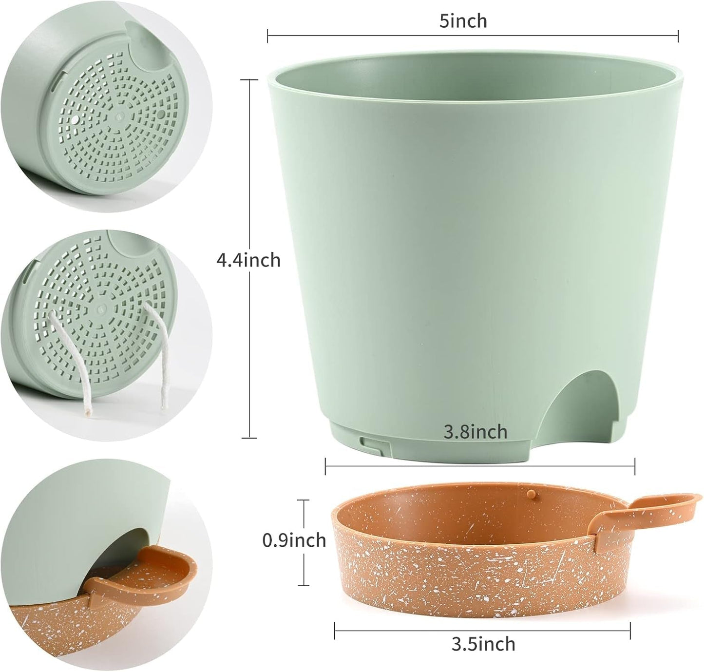 Vaso da fiori 6 pezzi 12,7 cm Fioriera autoirrigante Vaso da fiori per interni ed esterni ad alto drenaggio con vassoio per serbatoio e bordo per irrigazione Fioriera da giardino
