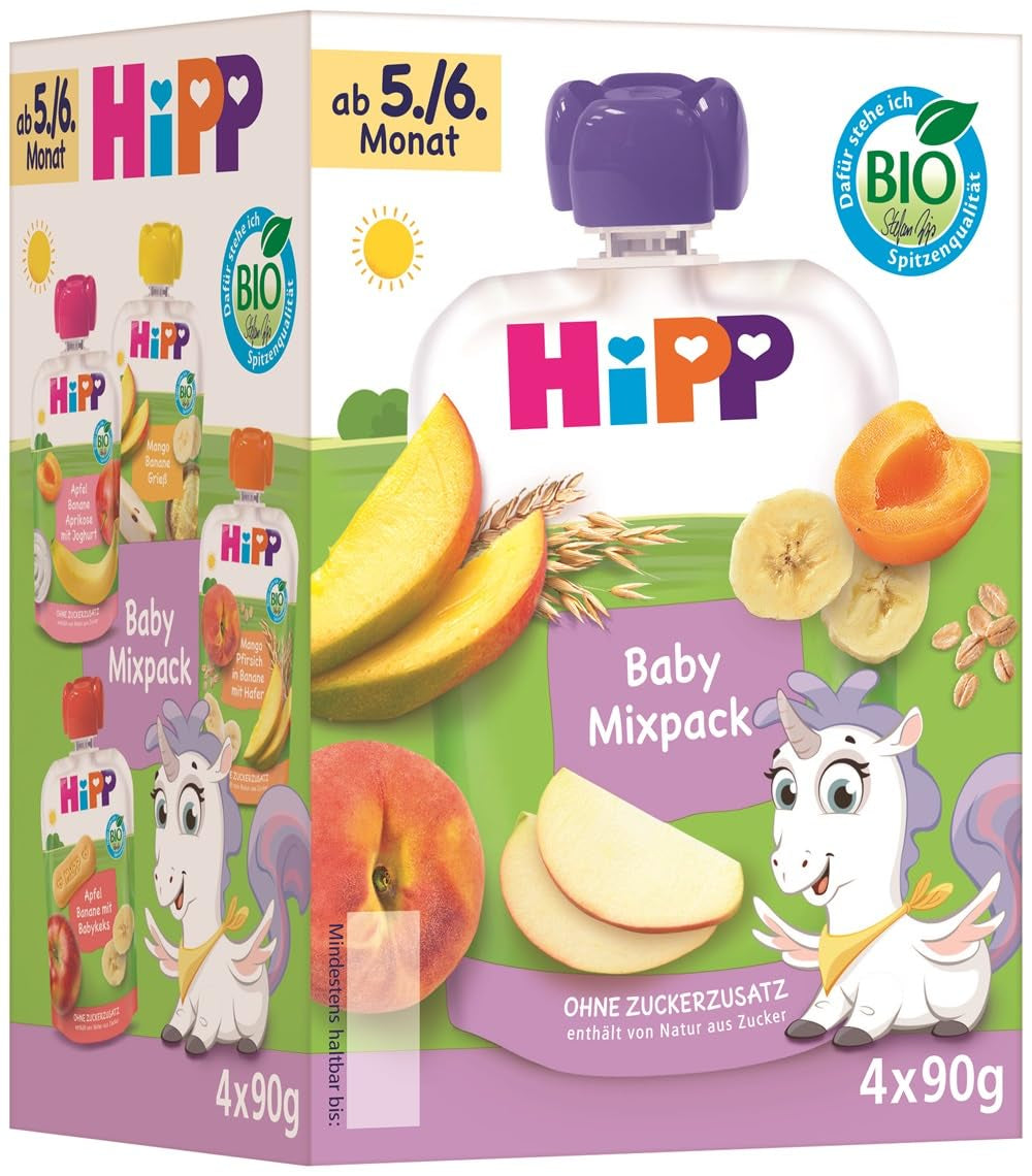 Buste da spremere bio HiPP, confezione mista, 16 pezzi (4 confezioni da 4 x 90 g ciascuna), per bambini 5/6 mesi, quattro gusti deliziosi, senza zuccheri aggiunti, migliore qualità biologica