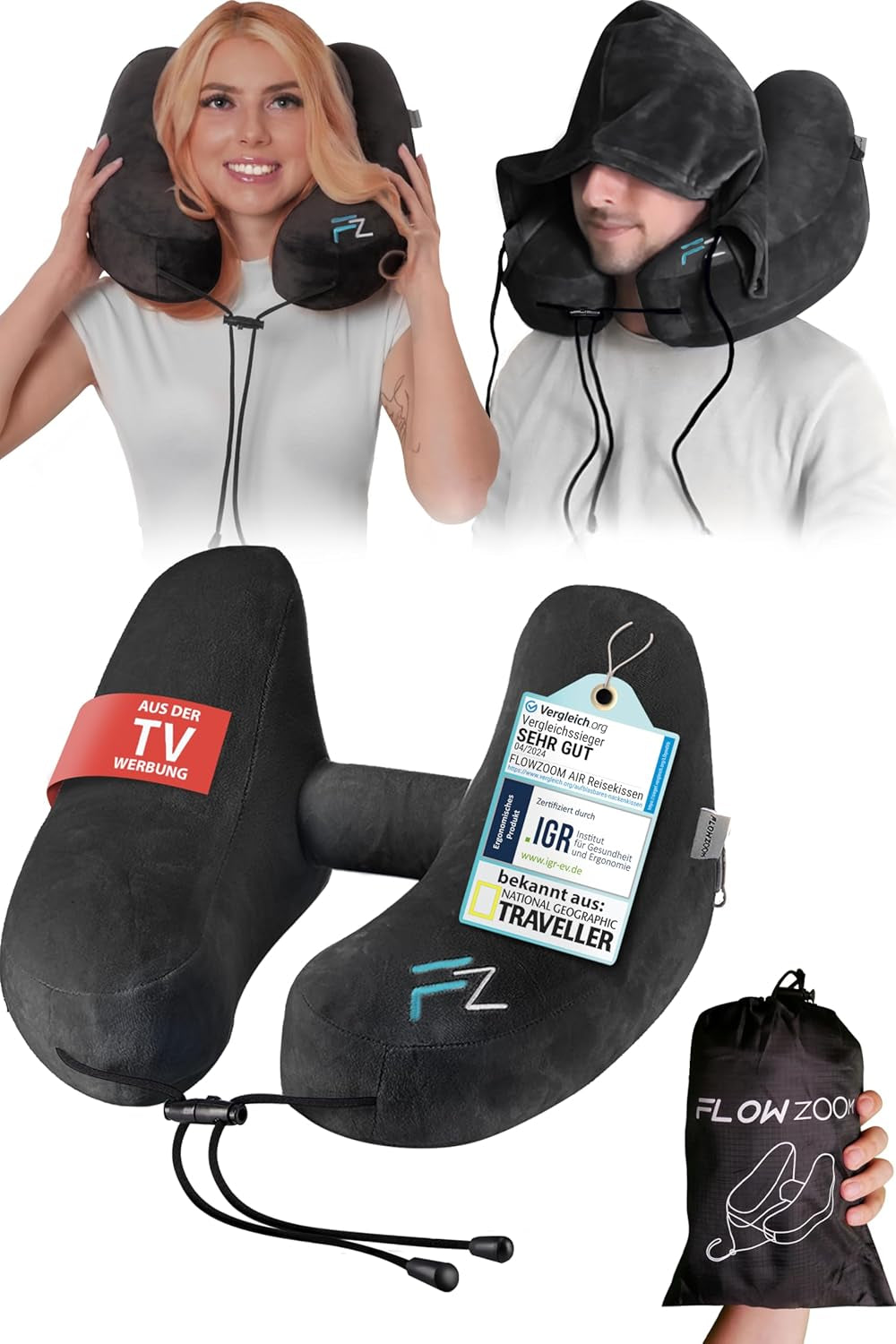 FLOWZOOM AIR Cuscino per collo gonfiabile con cappuccio - Cuscino per collo da aereo - Cuscino da viaggio - Cuscino da viaggio gonfiabile rapido - Cuscino da aereo - Cuscino da viaggio - Cuscino per collo per adulti (Grigio) Naty Shop Cuscini ortopedici cervicali 2) Nero - Taglia L