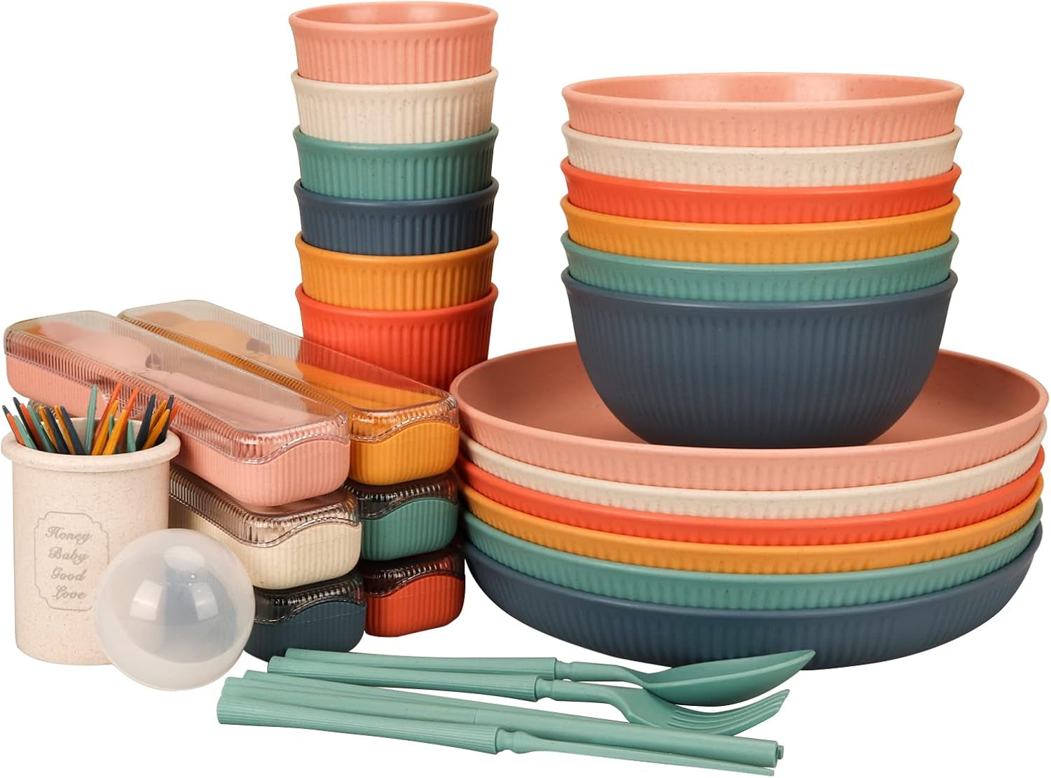 Set di posate indistruttibili per 6 persone Set di posate da campeggio 66 pezzi Set di posate da picnic in plastica Leggero colorato BBQ Piatti da portata in plastica Ciotole Set di posate