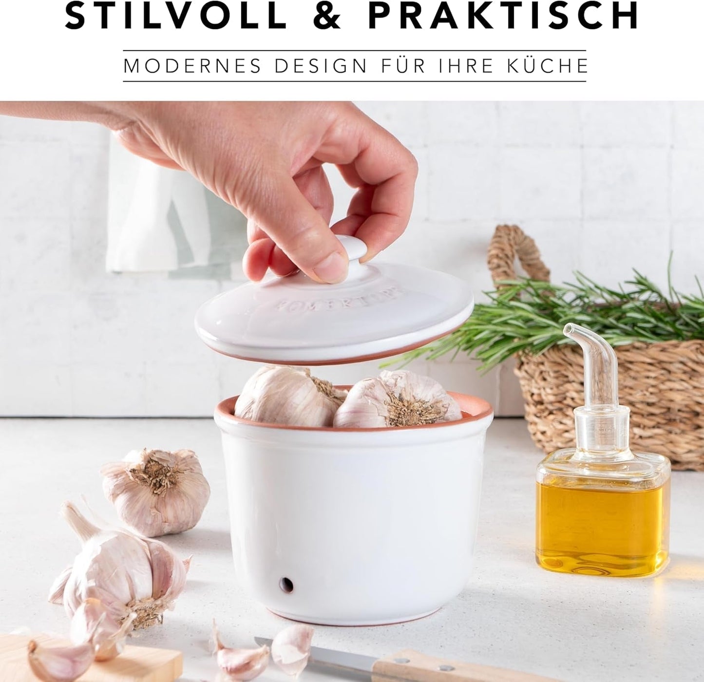 Römertopf Fresh Pot MINI 0,6 litri - Pentola per aglio in ceramica - L'argilla traspirante mantiene le verdure fresche più a lungo - Circolazione dell'aria ideale - Contenitori per alimenti bianchi Naty Shop