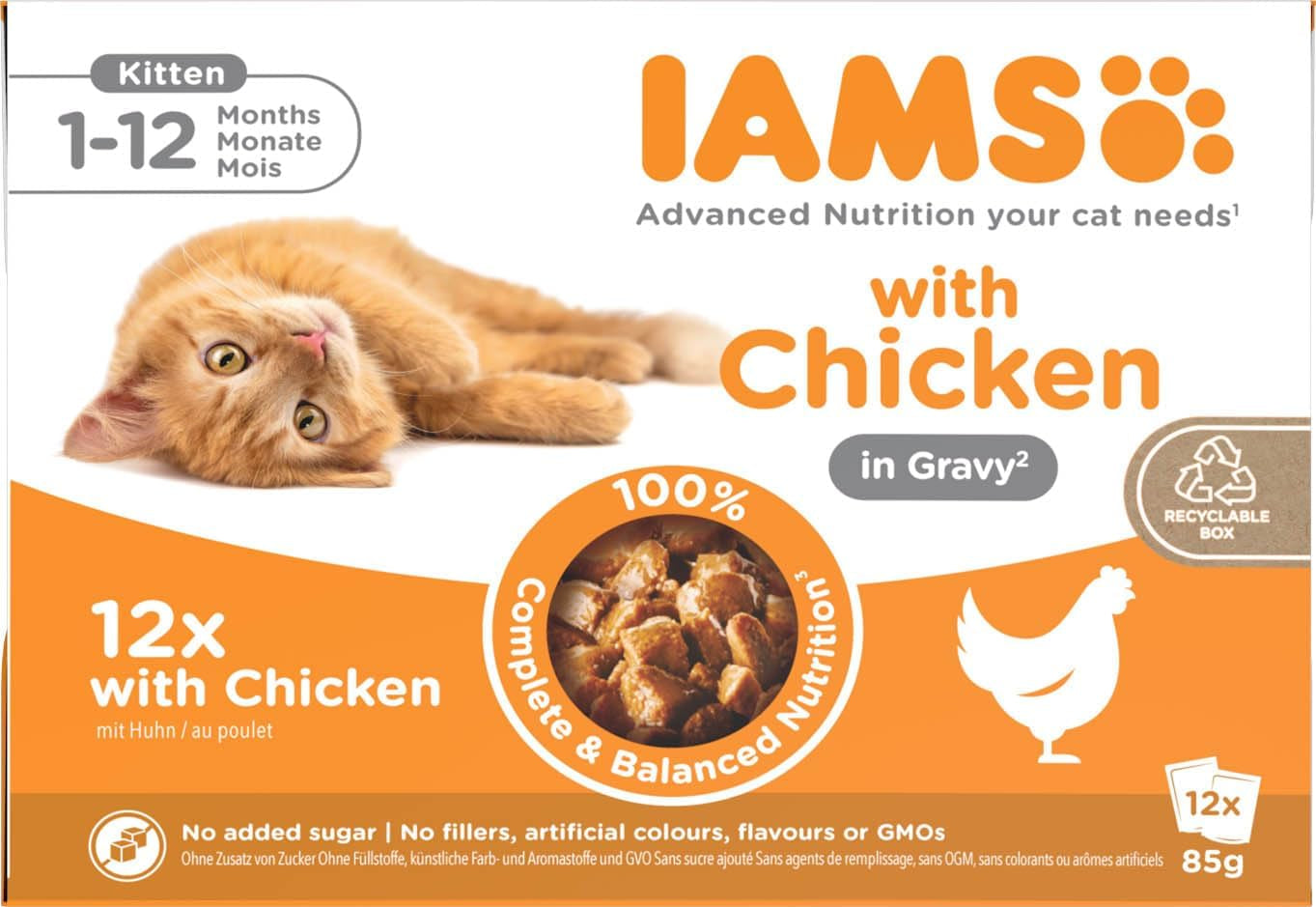 IAMS Delights Kitten Nassfutter - Multipack Katzenfutter mit Hunn in Sauce, alta qualità Futter für Junior Kätzchen von 1-12 Monate, 12 x 85 g