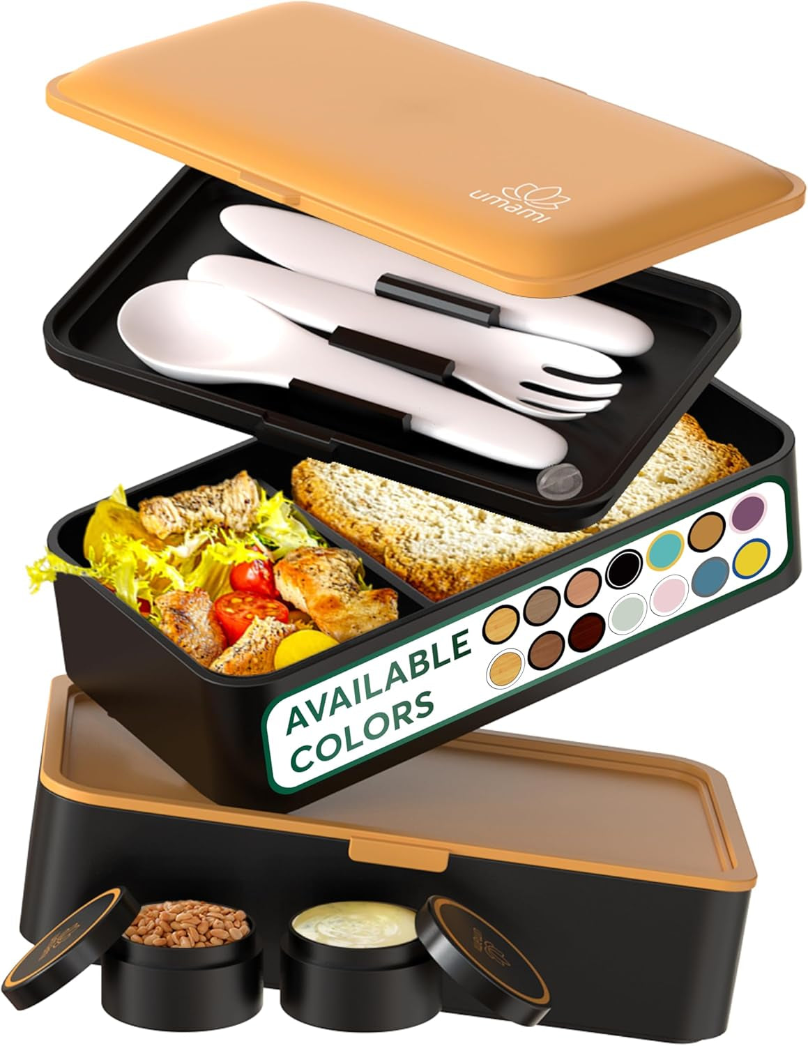 Portapranzo Umami per adulti, Bento Box impilabile a tenuta stagna con 4 posate e scomparti, Portapranzo per adulti, Contenitore per insalata da asporto, Portapranzo da picnic/ufficio, Grigio antracite, 1500 ml