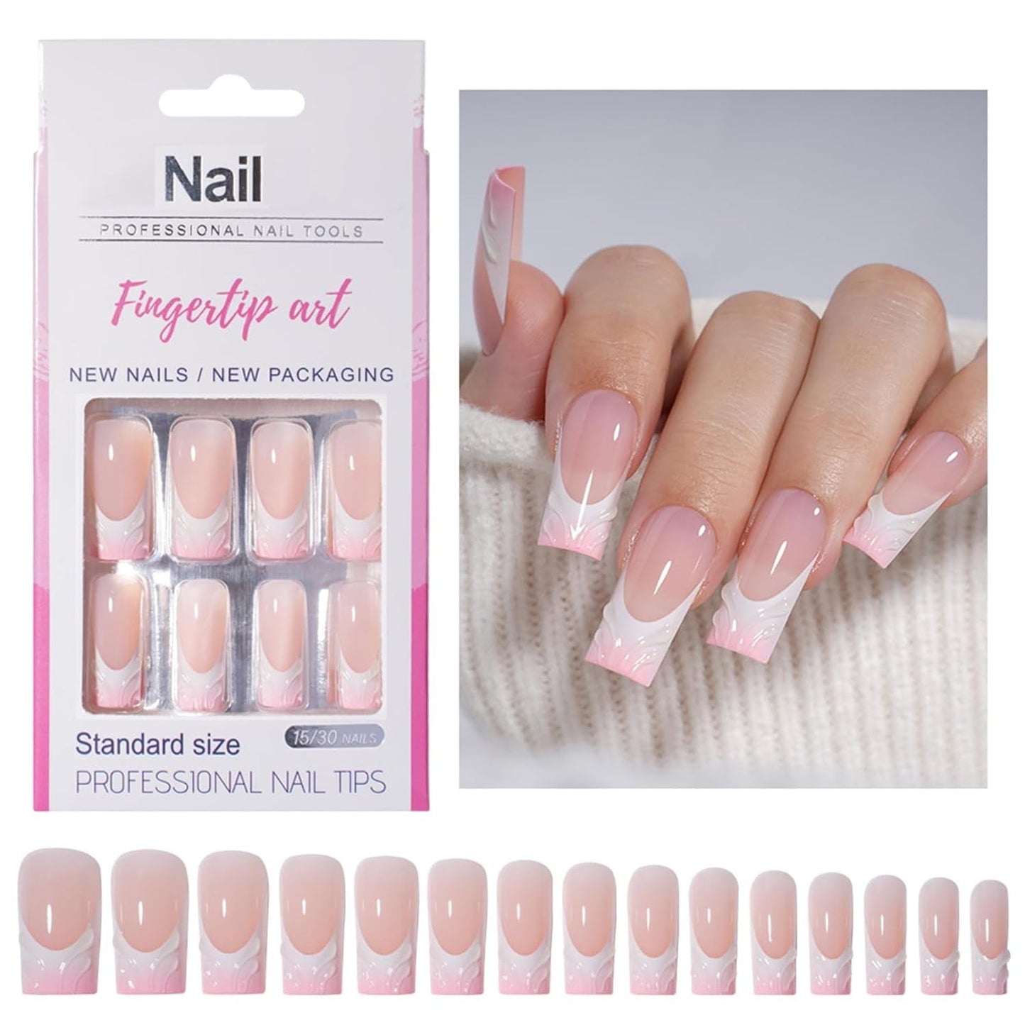 30 unghie finte francesi - colla su unghie artificiali - unghie in gel morbido per donne - manicure quadrata per unghie adesive acriliche (rosa francese)