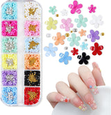 Ciondoli per unghie con fiori 3D, 12 griglie con fiori in resina acrilica e pietre per unghie con perline in oro e argento, fiori per unghie in gel, decorazioni floreali per unghie per donne e ragazze, accessori per manicure fai da te