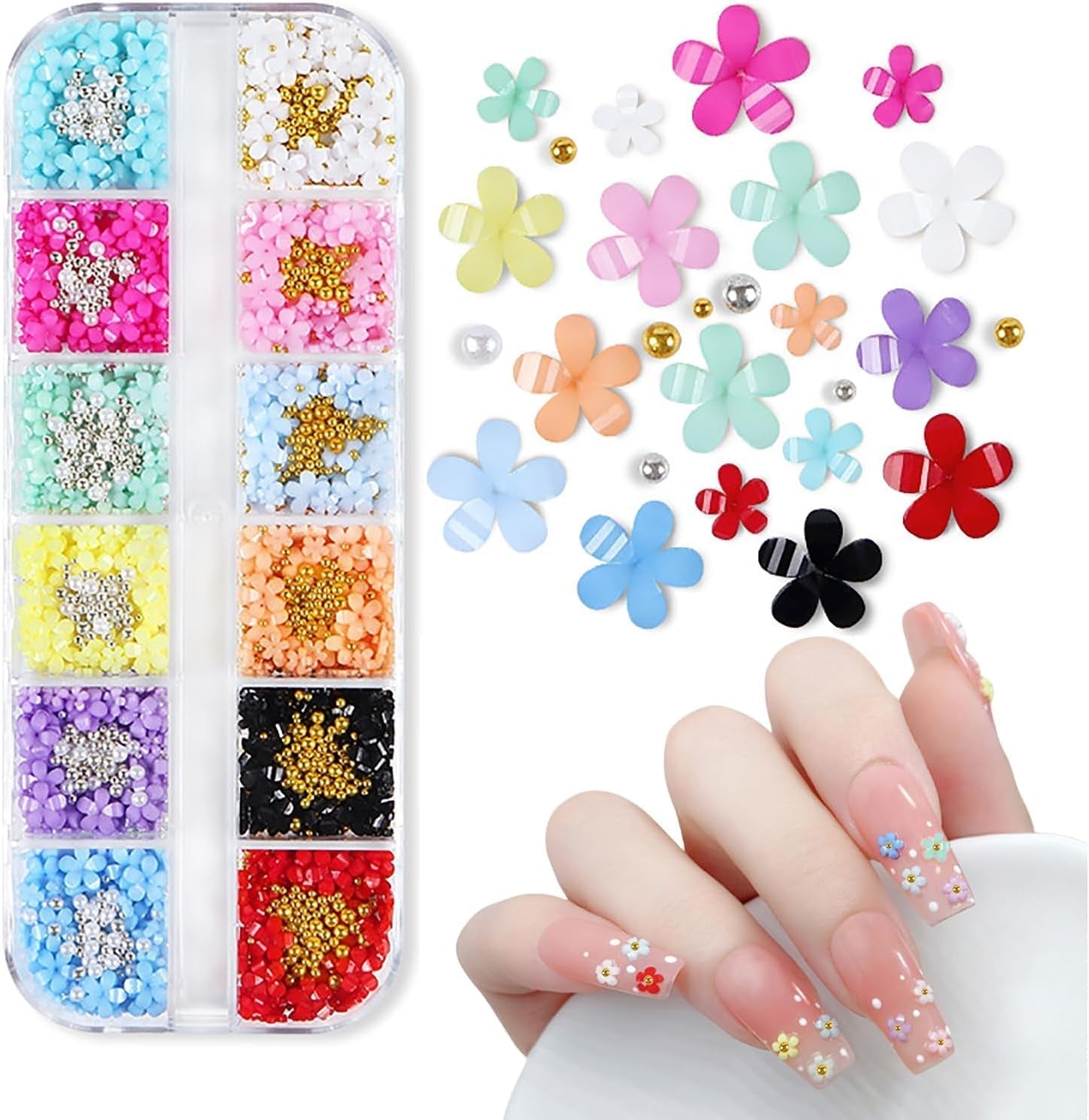Ciondoli per unghie con fiori 3D, 12 griglie con fiori in resina acrilica e pietre per unghie con perline in oro e argento, fiori per unghie in gel, decorazioni floreali per unghie per donne e ragazze, accessori per manicure fai da te