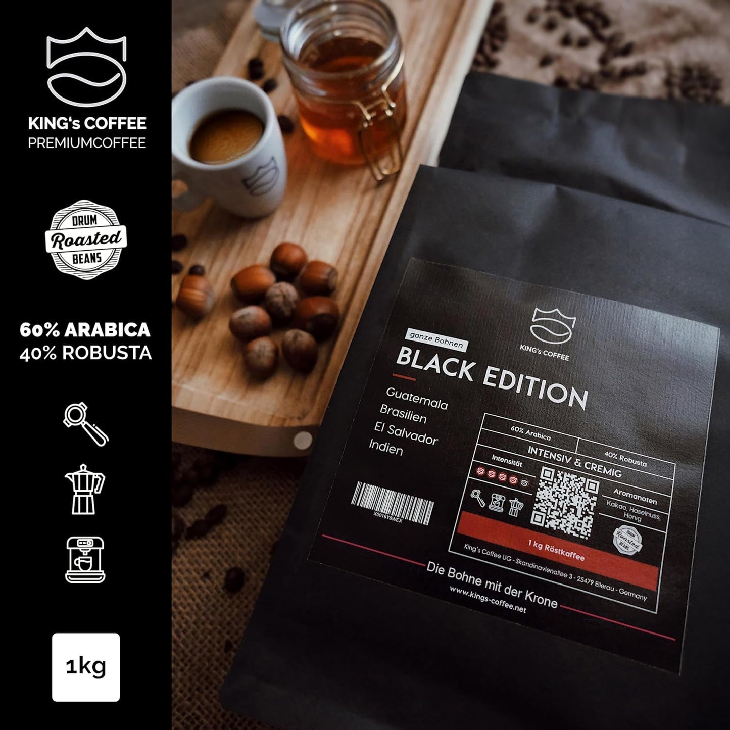 KING'S COFFEE - BLACK EDITION - Caffè in grani dalla crema intensa da 1 kg - Caffè a bassa acidità - Tostatura in piccoli lotti dall'Italia - Grani di caffè espresso Arabica forte (miscela) per macchine completamente automatiche e portafiltro