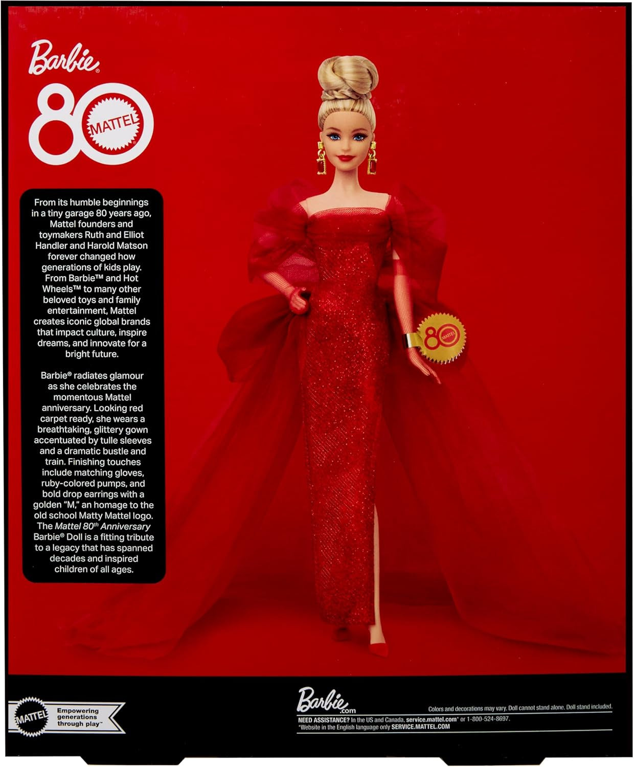 Barbie Signature Doll 80° Anniversario Mattel Figura da collezione in scintillante abito in tulle rosso con orecchini a goccia e guanti delicati Capelli biondi JBJ17