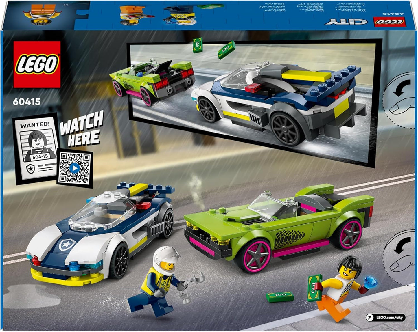 Inseguimento in auto LEGO City con auto della polizia e muscle car, trenino con 2 auto da corsa, regalo della polizia per bambini, ragazzi e ragazze dai 6 anni, set con poliziotto e minifigure Ganovin 60415 Set da costruzione Besuche den LEGO-Store