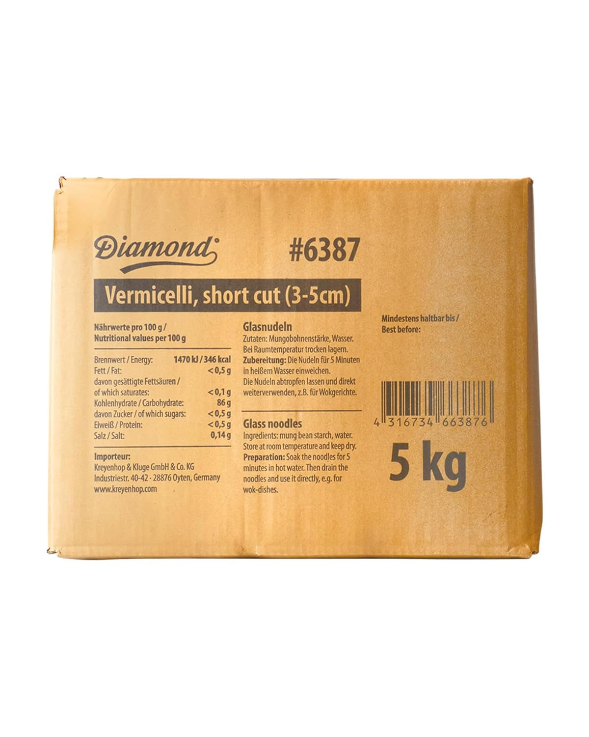 Tagliatelle di vetro DIAMOND, tagliatelle di vetro corte con amido di fagioli mung, naturalmente vegane e senza glutine - 1 x 5 kg