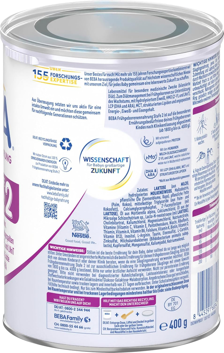 BEBA Premature Infant Formula Fase 2 - Neonati prematuri dopo la dimissione ospedaliera Alimenti per bambini Latte in polvere per neonati Confezione da 3 (1 x 400 g)