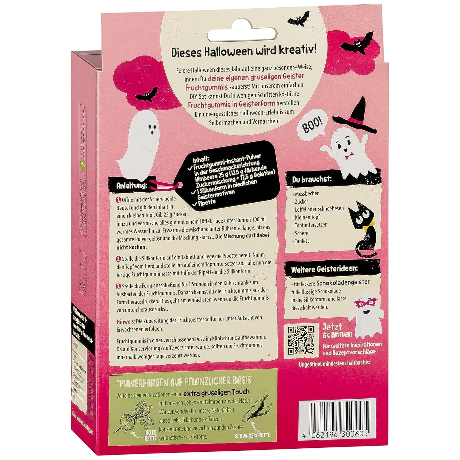 HEITMANN KREATIV - Set di gomme da masticare alla frutta creative per Halloween - Coloranti in polvere a base vegetale - Rosa - Gomme da masticare alla frutta a forma di fantasma fai da te al gusto di lampone