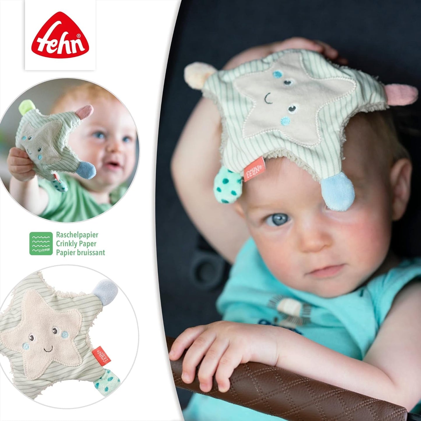 Fehn stella marina crepitante - giocattolo per bebè da afferrare e giocare & giocattolo crepitante per neonati e bambini da 0+ mesi & SIGIKID 41179 giocattolo da afferrare farfalla stelle rosse verdi Baby Toys Naty Shop