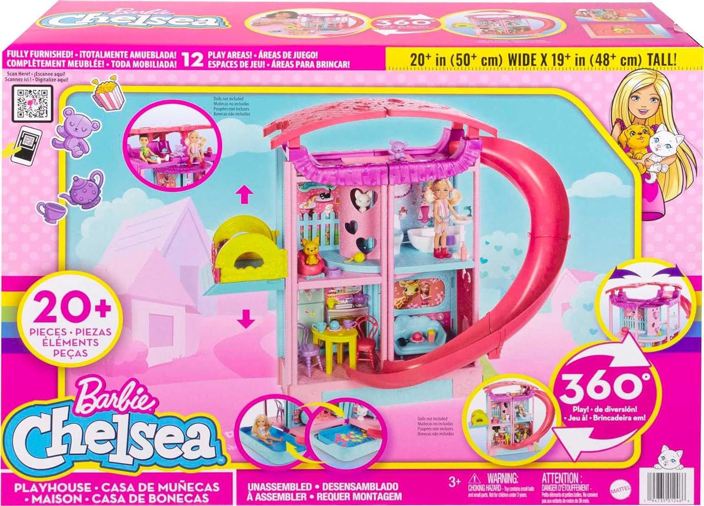 Barbie Chelsea Playhouse - 3 piani trasformabili, aree gioco segrete, ascensore, piscina, scivolo, 2 animali domestici e oltre 20 accessori, dai 3 anni in su, HHX44