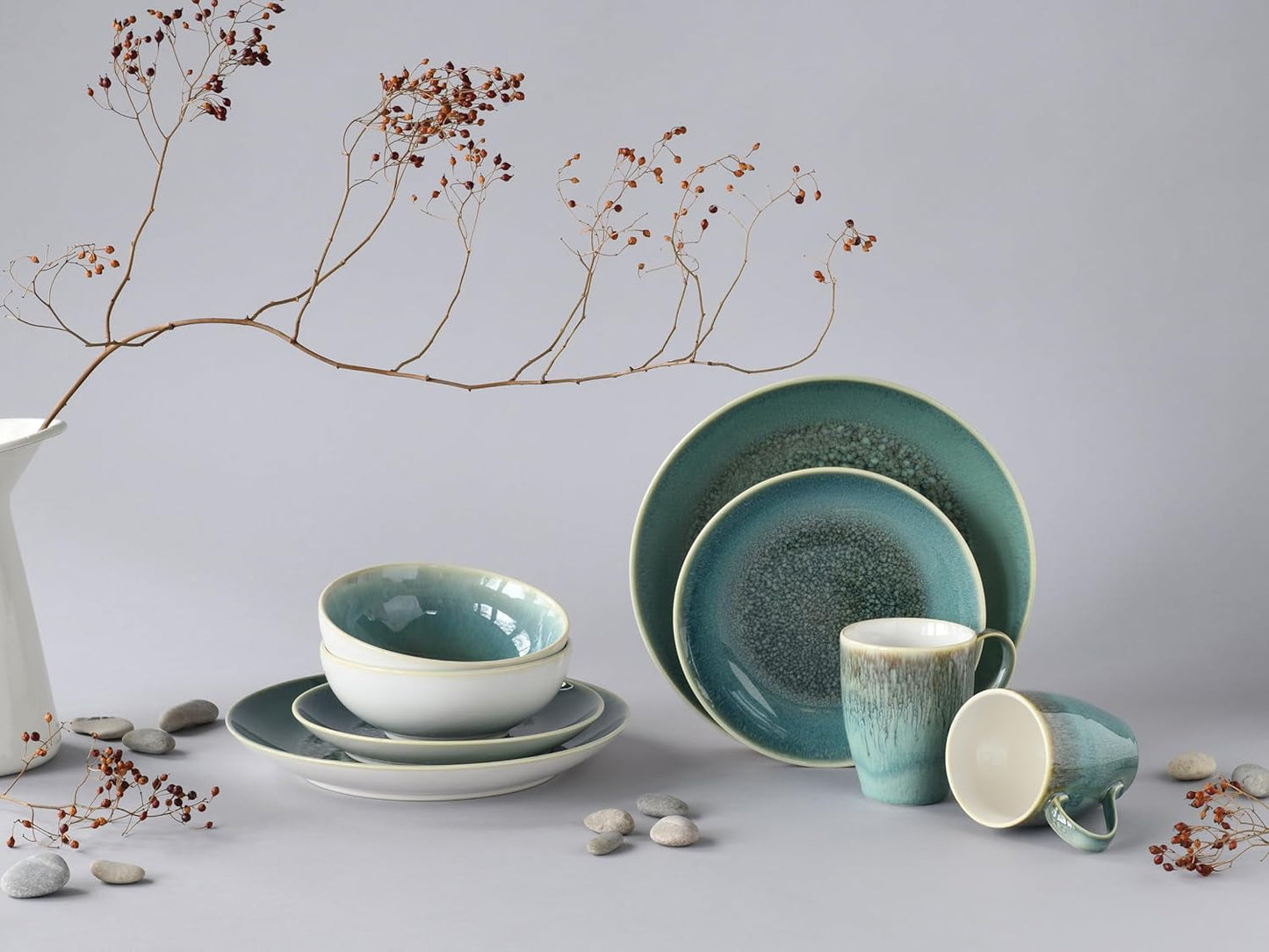 Creatable, serie Caldera, set di stoviglie in gres lavabile in lavastoviglie e adatto al microonde, produzione di qualità (set combinato da 8 pezzi verde)