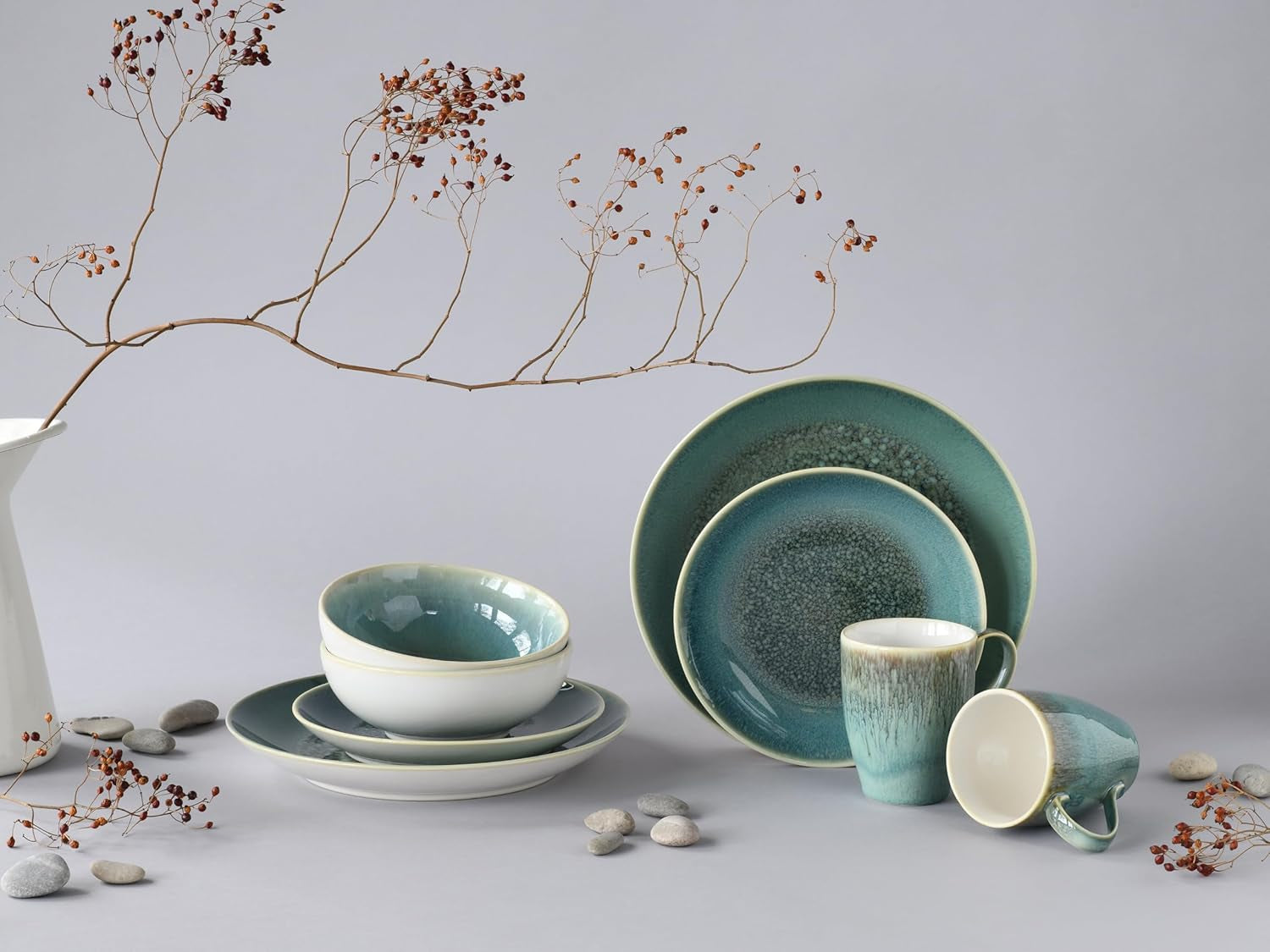 Creatable, serie Caldera, set di stoviglie in gres lavabile in lavastoviglie e adatto al microonde, produzione di qualità (set combinato da 8 pezzi verde)
