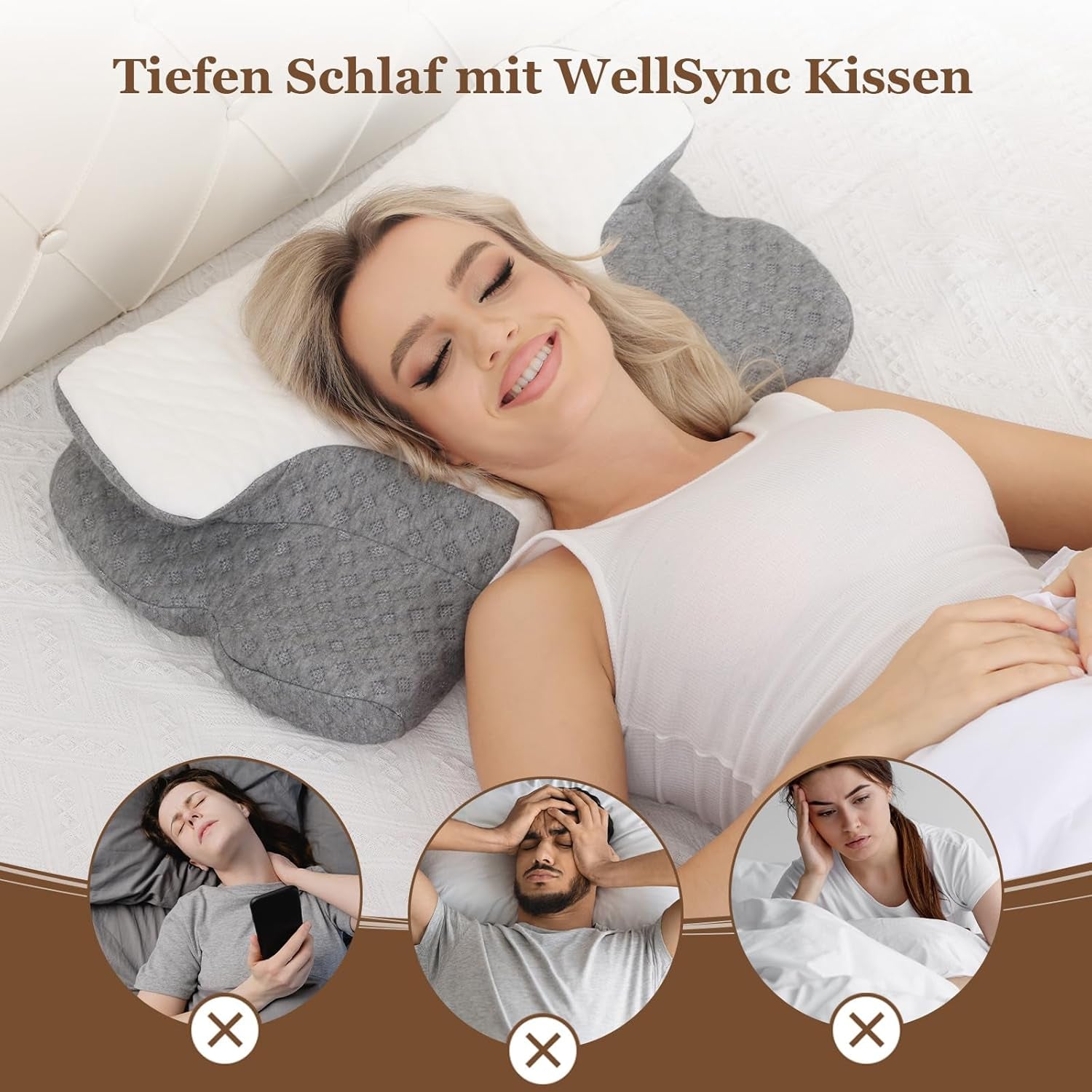 Wellsync Cuscino per il Collo Cuscino ergonomico Cuscino in Memory Foam Cuscino ortopedico per chi dorme sul fianco Chi dorme sulla schiena Chi dorme sullo stomaco Dolore al collo Bianco Grigio Cuscini ortopedici cervicali Naty Shop
