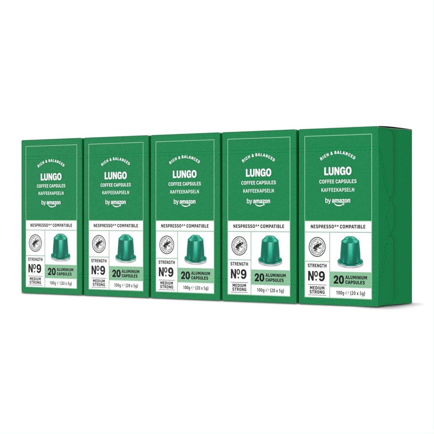 di Amazon Lungo Aluminium-Kaffeekapseln, compatibile con Nespresso, mittelgeröstet, 100 Stück (5 Packungen mit je 20 Stück) – Rainforest Alliance zertifiziert
