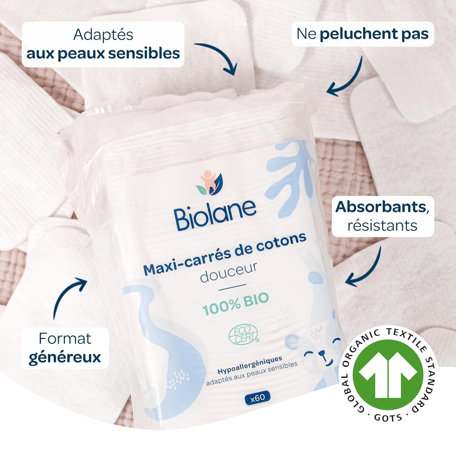 BIOLANE 12 Assorbenti Maxi Quadrati - Neonati - 100% Organico - 720 Cotone - per pelli sensibili - Cambio e articoli da toeletta - dalla nascita - prodotto in Francia