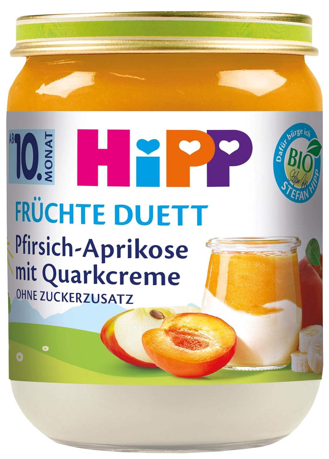 Pesche-Albicocche HiPP con crema al quark, duetto di frutta da 10 mesi (6 x 160 g), senza zuccheri aggiunti, senza glutine, migliore qualità biologica