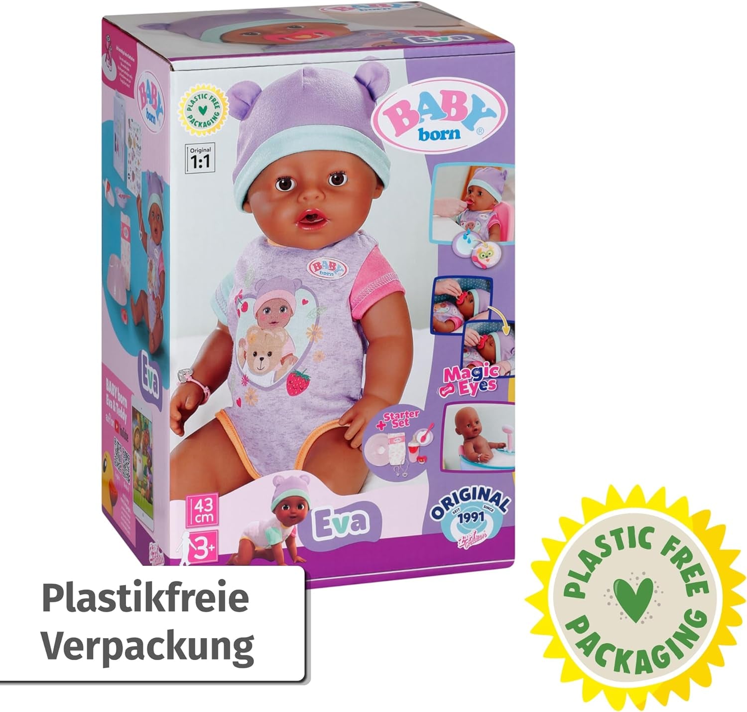 BABY Born Eva 43Cm, bambola con 10 funzioni e accessori, per bambini dai 3 anni, funziona senza batteria, bambola grande 43Cm, 836408 Zapf Creation Dolls Naty Shop
