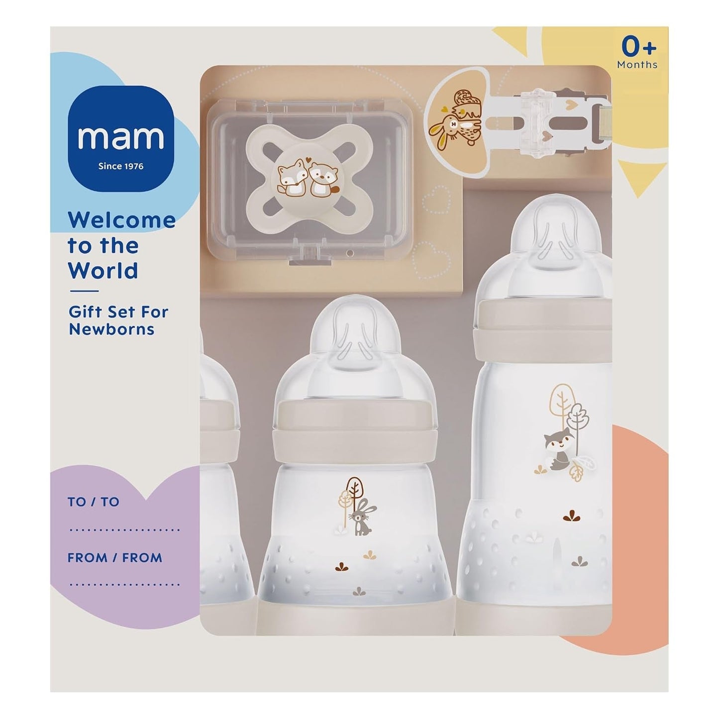 MAM Newborn Set, set regalo, composto da: 2 biberon anticoliche da 160 ml, 1 biberon anticoliche da 260 ml, 1 ciuccio Original Start, 1 spilla per ciuccio, da 0 mesi, Neutro