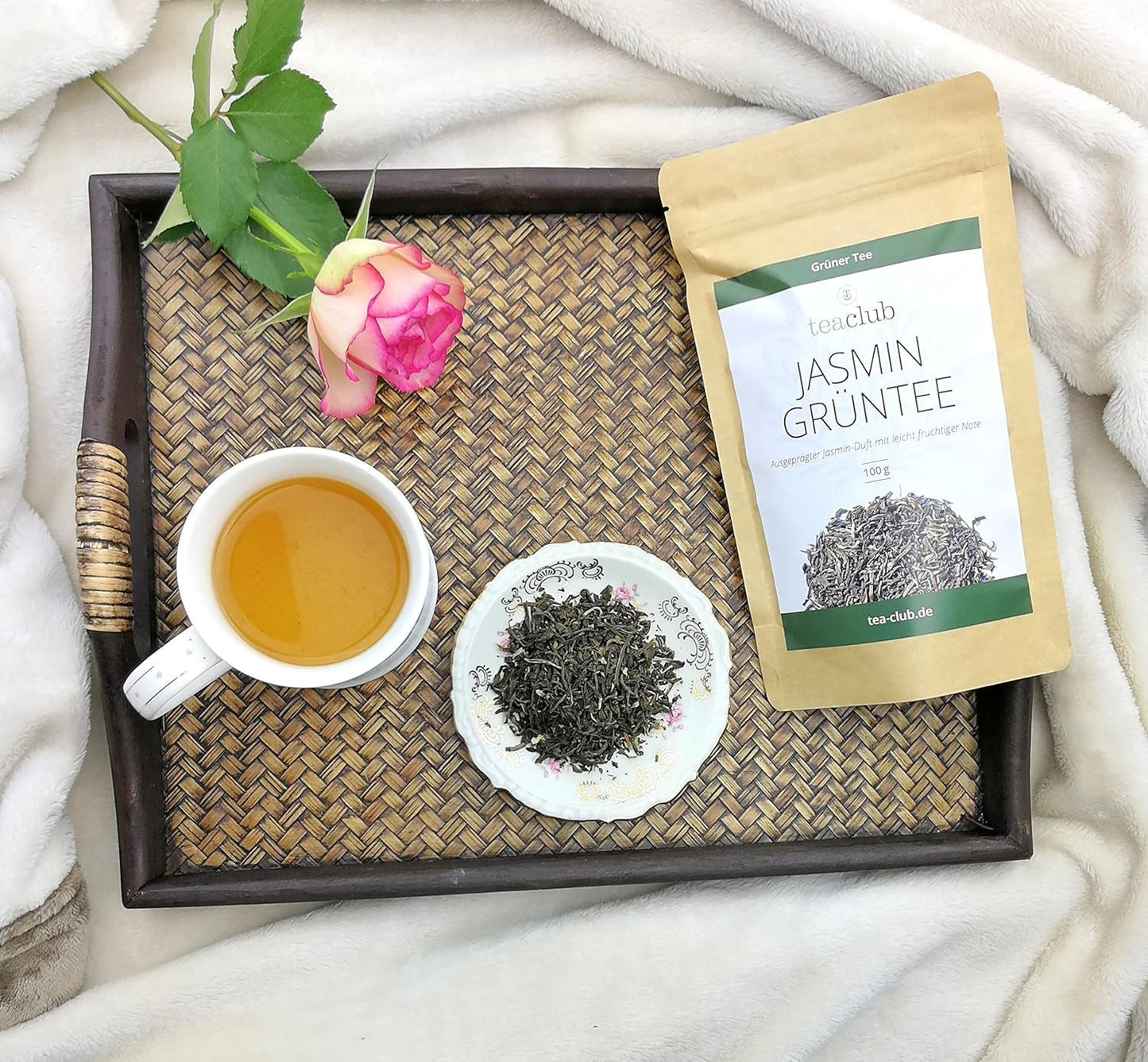 Tè al gelsomino sfuso 100 g, Tè verde ai fiori di gelsomino aromatizzato naturalmente, Tè verde al gelsomino con un pronunciato sapore di gelsomino, Tè verde Teaclub