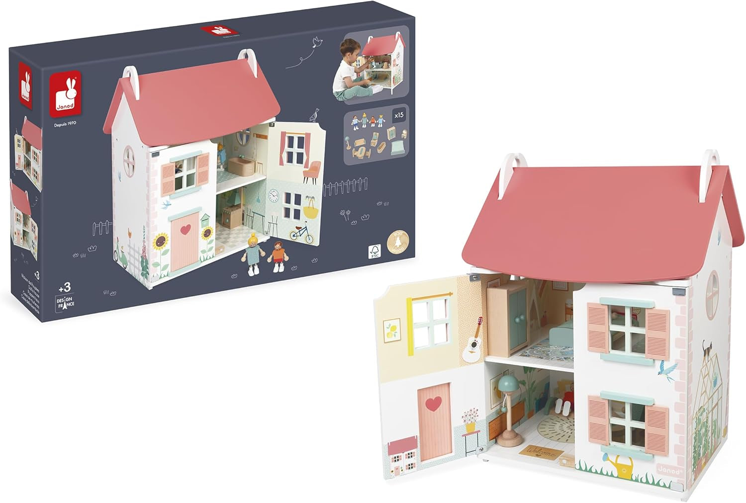 Janod - La mia prima casa delle bambole in legno - 10 accessori - Mobili per bambole - Porte magnetiche e tetto rimovibile - Giocattolo in legno certificato FSC - Dai 3 anni in su