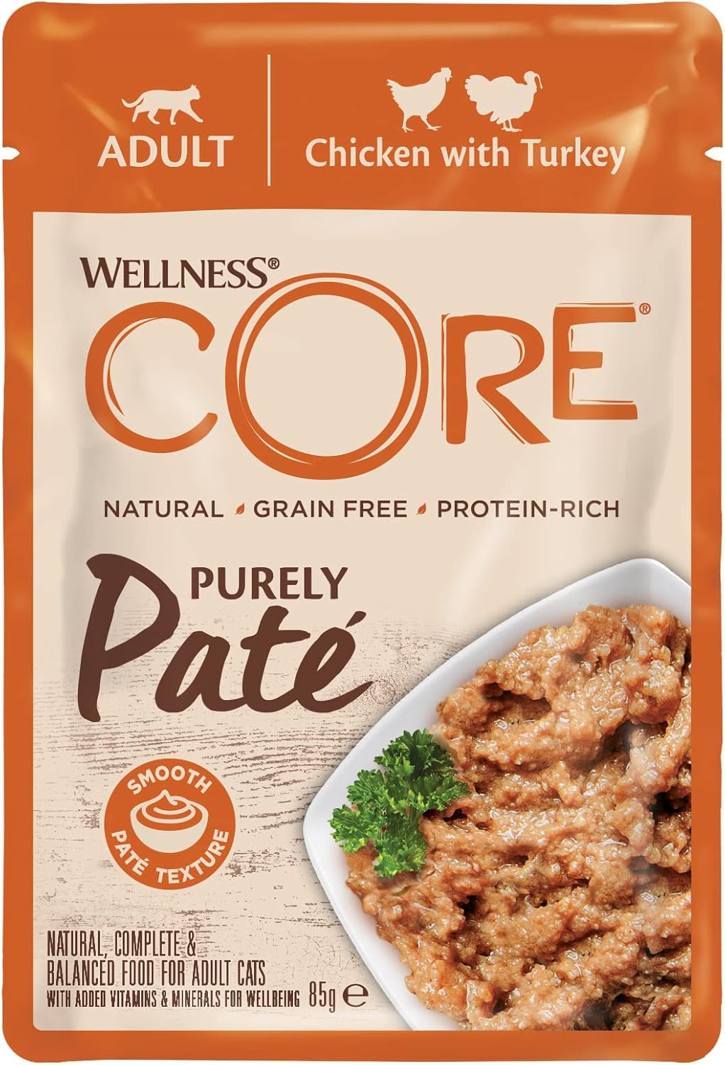 Wellness CORE Purely Paté 24 x 85g, Pollo e Tacchino - Alimento umido per gatti, patè fine, senza cereali, naturale, ipoallergenico, ricco di proteine, ricco di carne