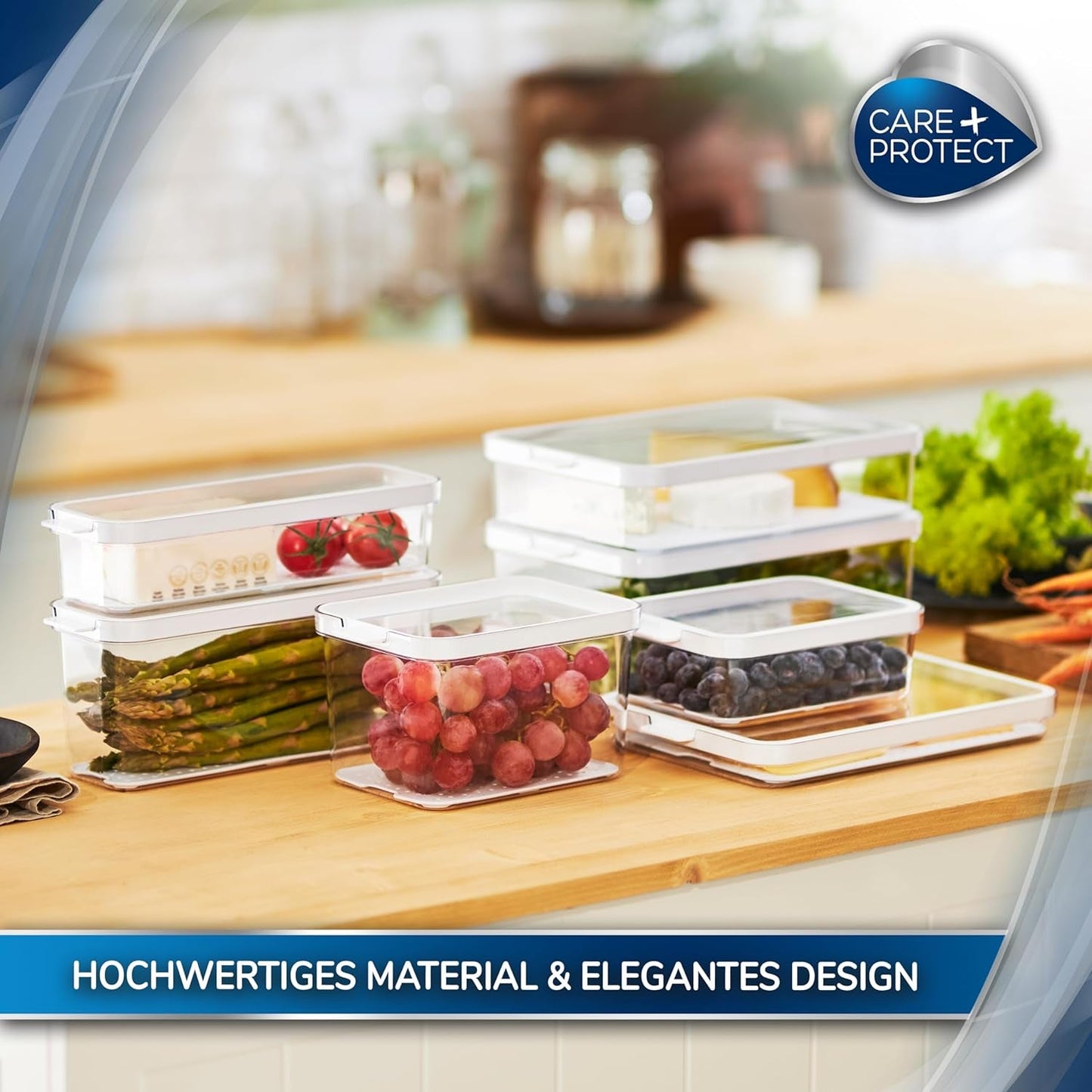 CARE + PROTECT Contenitore per alimenti intelligente, perfettamente impilabile, organizer per frigorifero, protegge gli alimenti dall'umidità, mantiene gli alimenti freschi più a lungo, 2,15 l Contenitori per alimenti Naty Shop