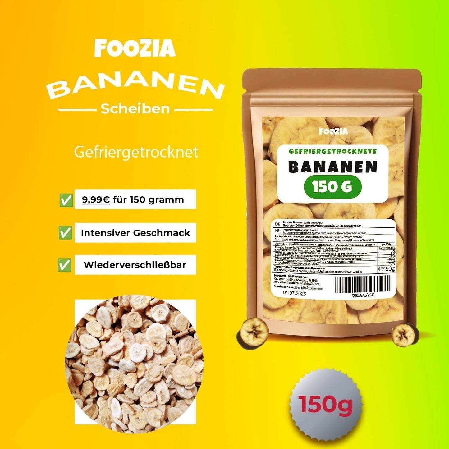 Banane liofilizzate fette da 150g, Frutta liofilizzata senza additivi Pura - Frutta secca 100% naturale - Banane secche frutta secca di Foozia Prodotti disidratati Naty Shop