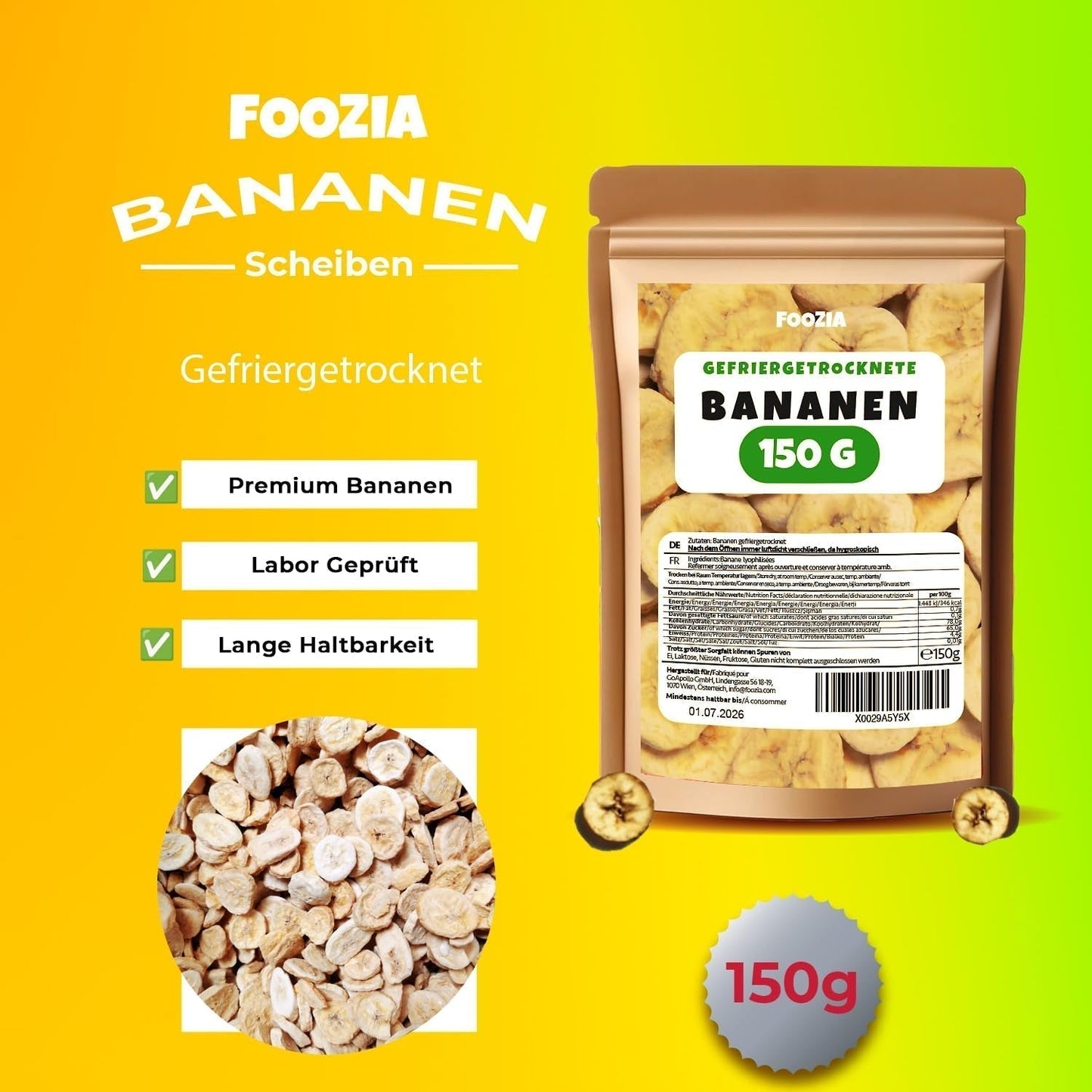 Banane liofilizzate fette da 150g, Frutta liofilizzata senza additivi Pura - Frutta secca 100% naturale - Banane secche frutta secca di Foozia Prodotti disidratati Naty Shop