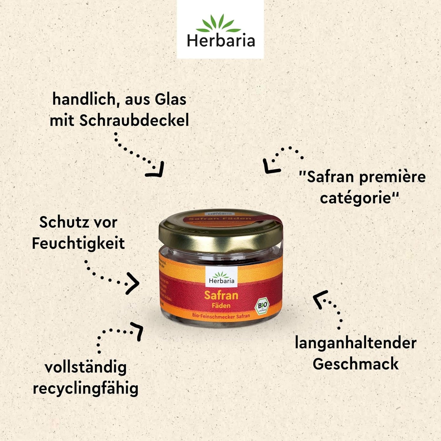 Herbaria Safran-Fäden bio 0,5g in vetro – SafranFäden bio aus dem bereicht Safran-Ort Taliouine in Marokko – Safranfäden in Premium Bio-Qualität – Saffron Premium - Safran première catégorie
