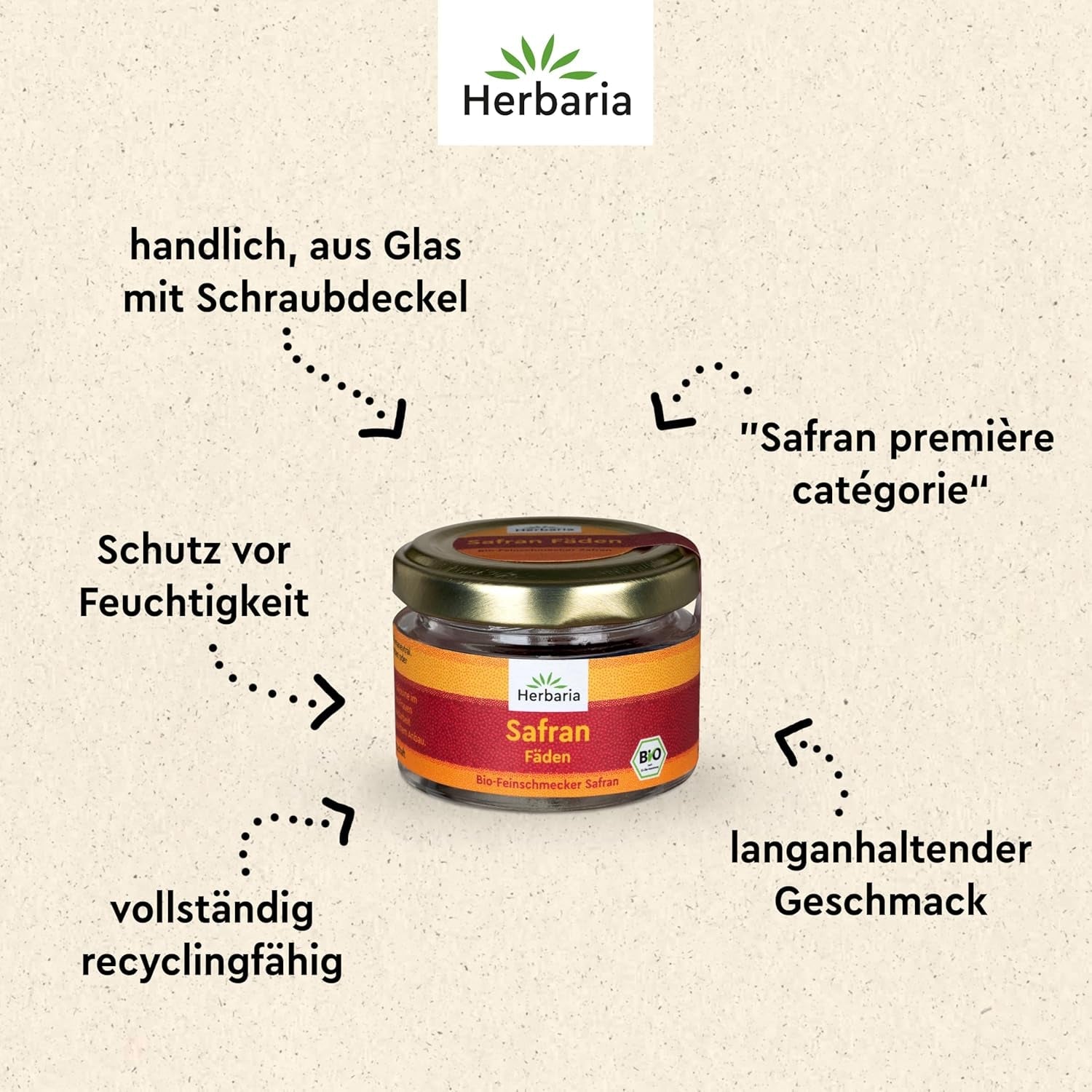 Herbaria Safran-Fäden bio 0,5g in vetro – SafranFäden bio aus dem bereicht Safran-Ort Taliouine in Marokko – Safranfäden in Premium Bio-Qualität – Saffron Premium - Safran première catégorie