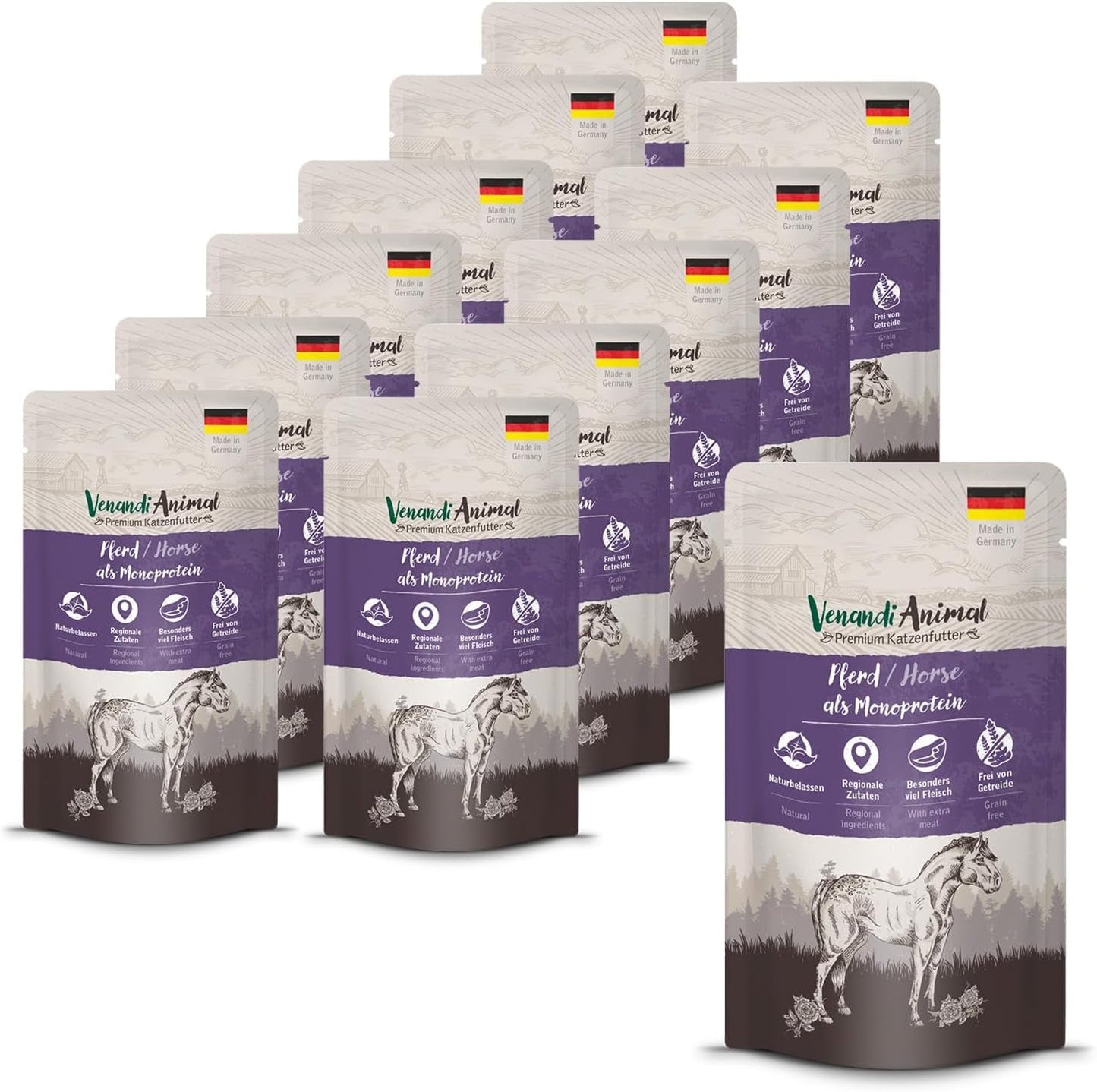 Venandi Animal - Alimento umido premium per gatti - Cavallo come monoproteico, confezione da 12 (12 x 125 g), senza cereali, monoproteico